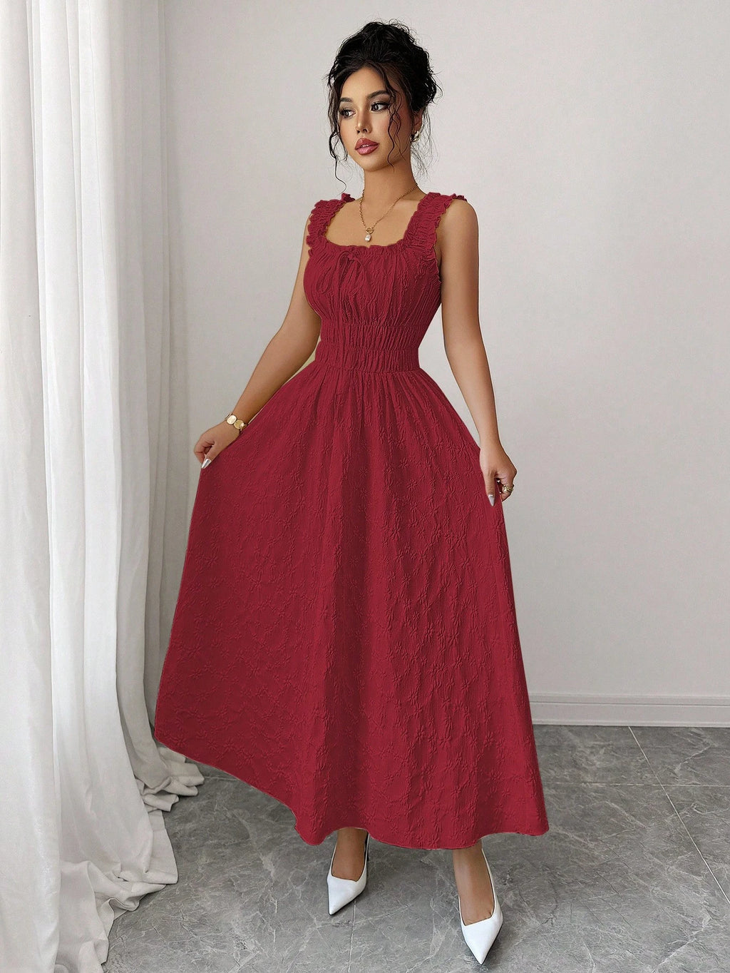 Elenzga New Woven Texture Floral Fabric Dress For Women, Spaghetti Strap Bowknot Design Waist Gathering - image 16