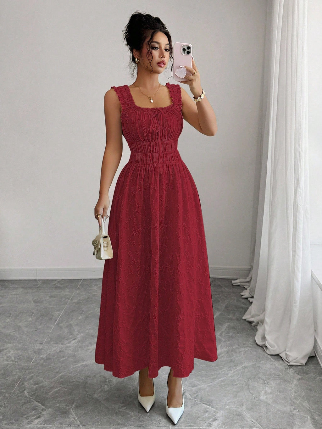 Elenzga New Woven Texture Floral Fabric Dress For Women, Spaghetti Strap Bowknot Design Waist Gathering - image 17