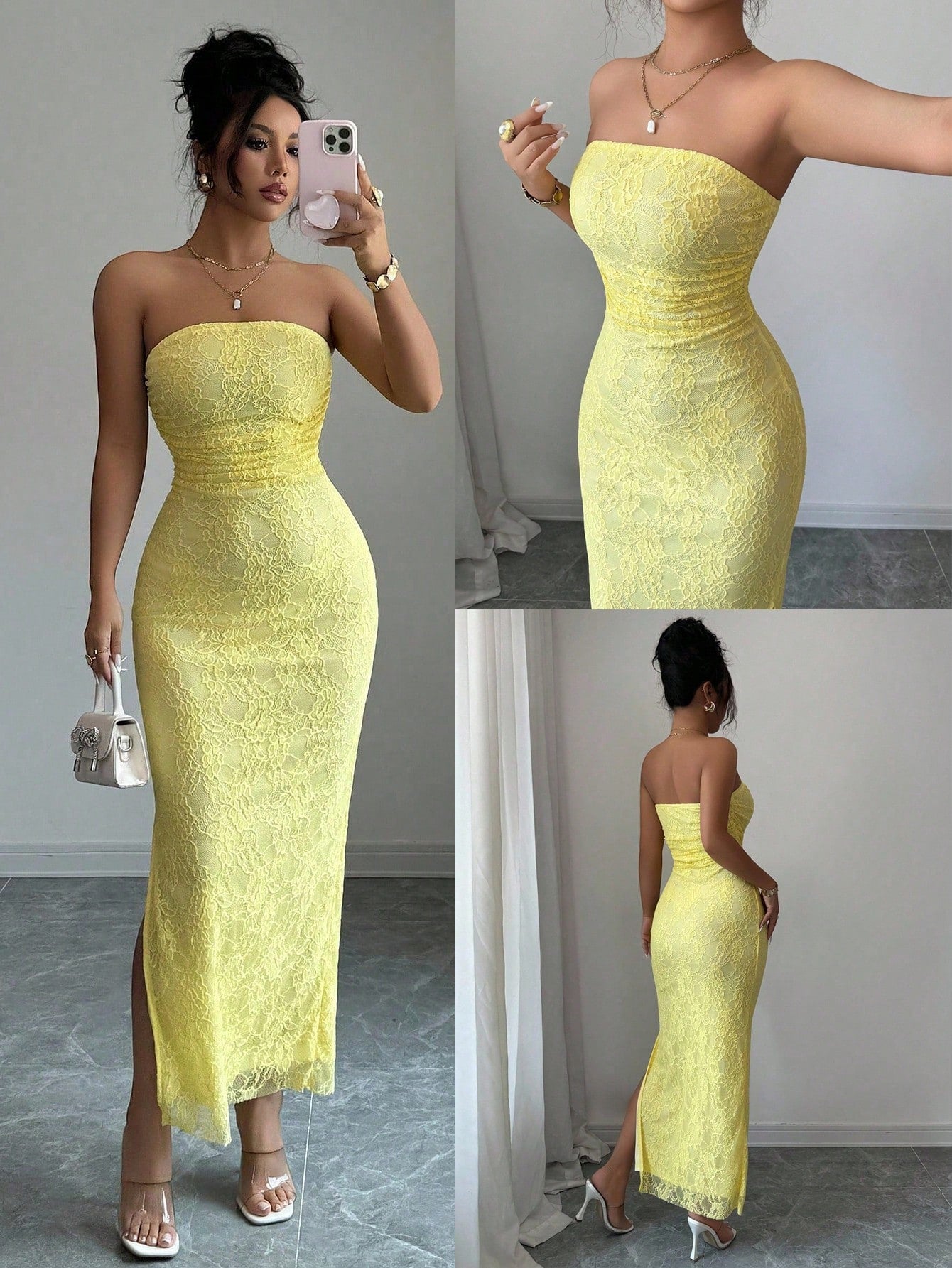 Ladies' Tie Dye Strapless Dress With Side Slit Hem Maxi