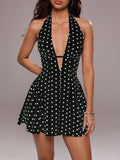 TRNVIE Women's Polka Dot Print Sexy V-Neck Backless Mini Dress
