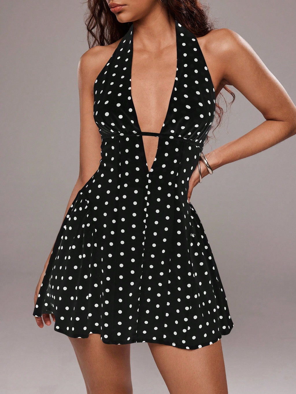 TRNVIE Women's Polka Dot Print Sexy V-Neck Backless Mini Dress