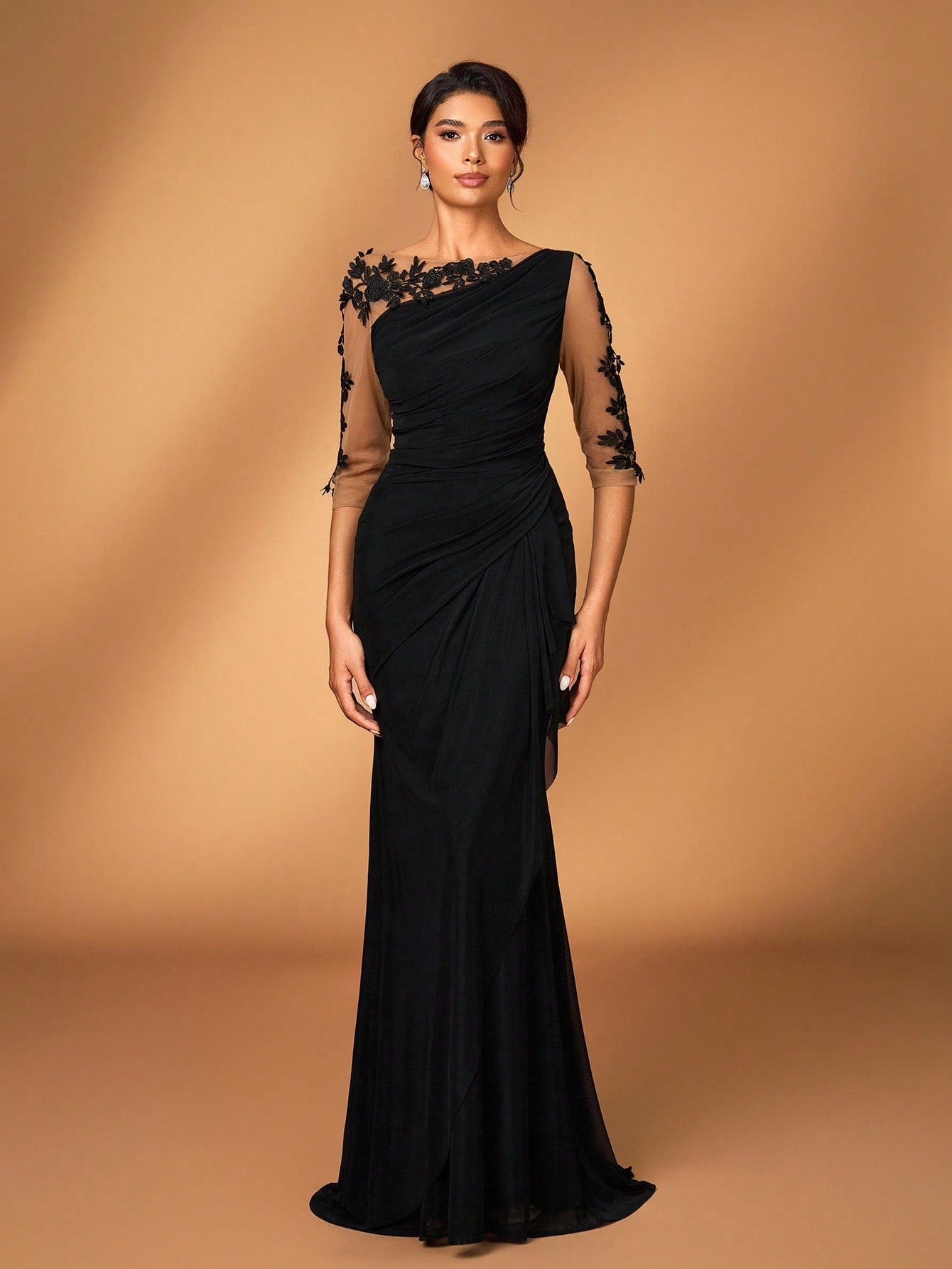 Serin Black Winter Elegant Formal Wedding Embroidered Lace Sheer Long Sleeve Elastic Knit Mesh Ruched Mermaid - image 4
