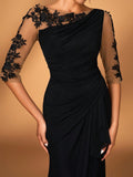 Serin Black Winter Elegant Formal Wedding Embroidered Lace Sheer Long Sleeve Elastic Knit Mesh Ruched Mermaid