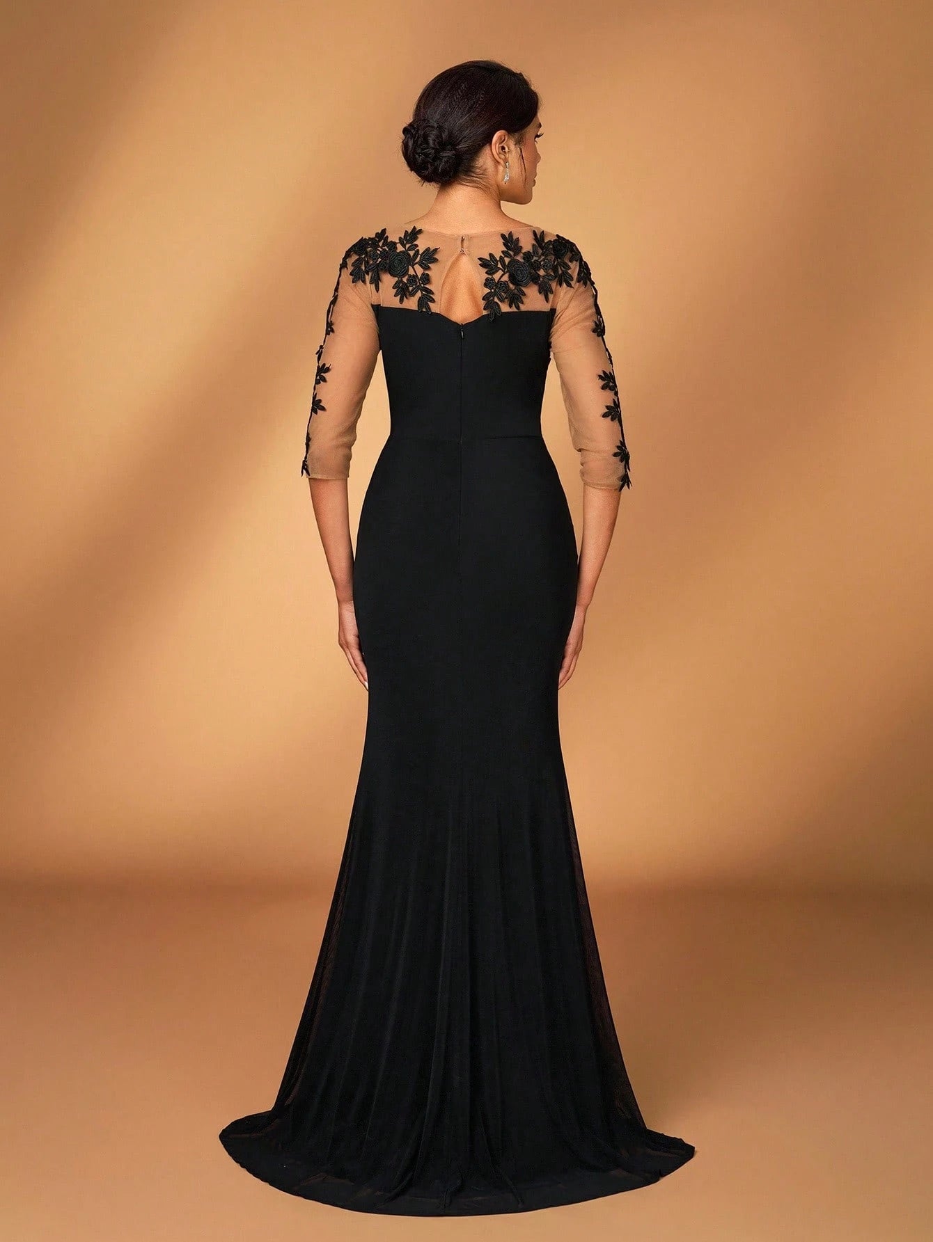 Serin Black Winter Elegant Formal Wedding Embroidered Lace Sheer Long Sleeve Elastic Knit Mesh Ruched Mermaid - image 3