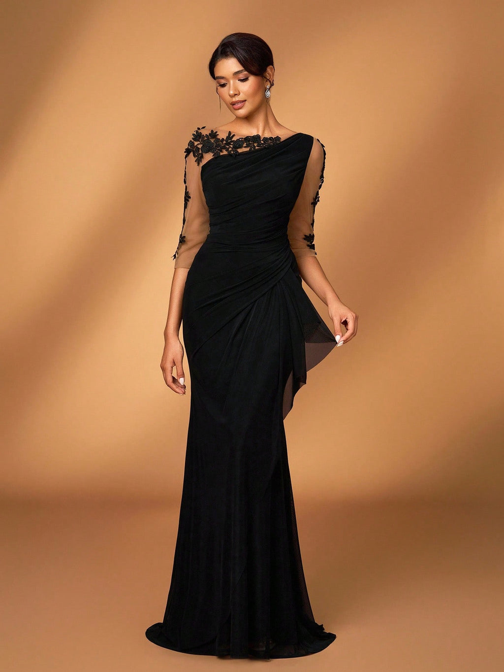 Serin Black Winter Elegant Formal Wedding Embroidered Lace Sheer Long Sleeve Elastic Knit Mesh Ruched Mermaid - image 2