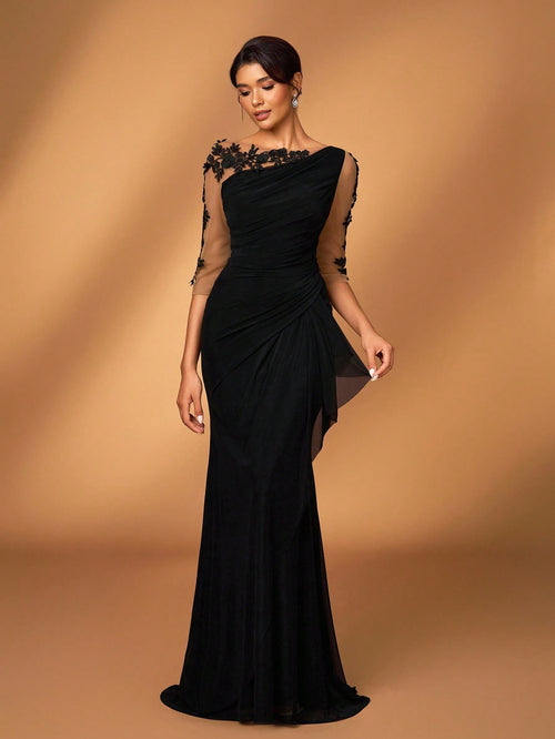 Serin Black Winter Elegant Formal Wedding Embroidered Lace Sheer Long Sleeve Elastic Knit Mesh Ruched Mermaid - image 2