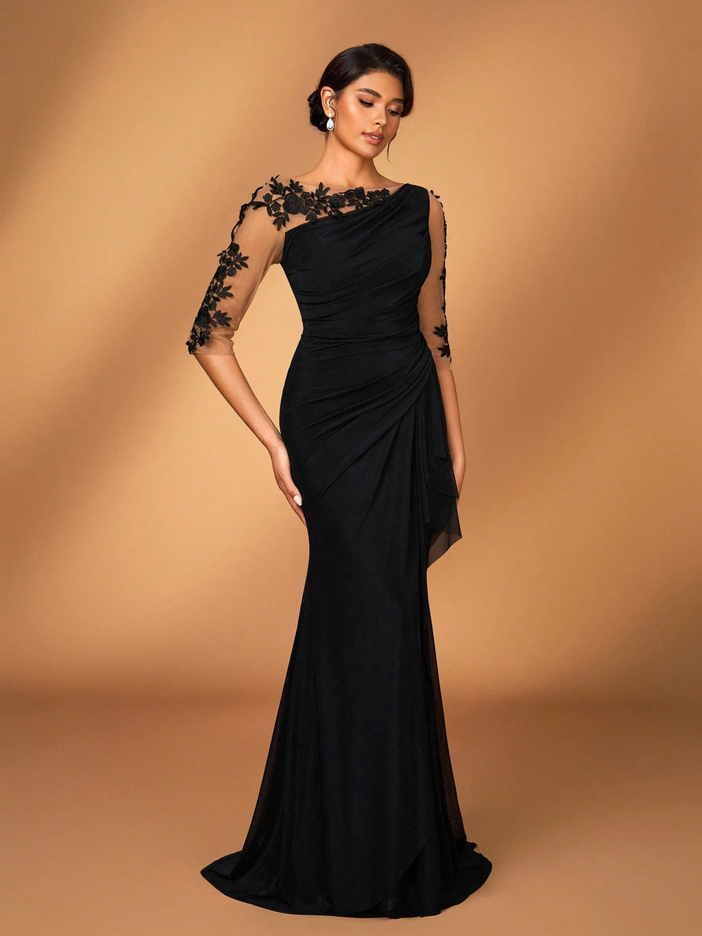Serin Black Winter Elegant Formal Wedding Embroidered Lace Sheer Long Sleeve Elastic Knit Mesh Ruched Mermaid - image 6