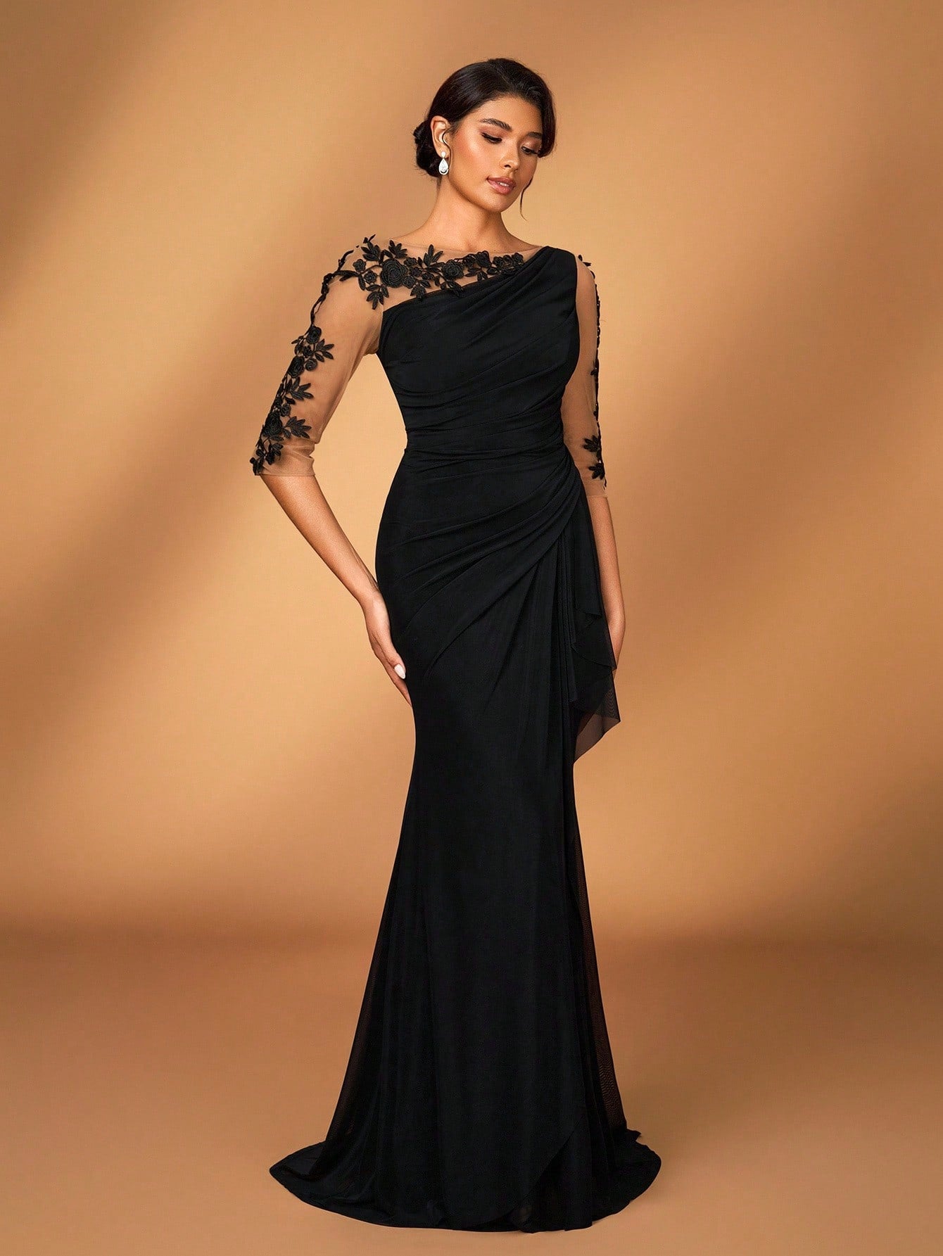 Serin Black Winter Elegant Formal Wedding Embroidered Lace Sheer Long Sleeve Elastic Knit Mesh Ruched Mermaid - image 6