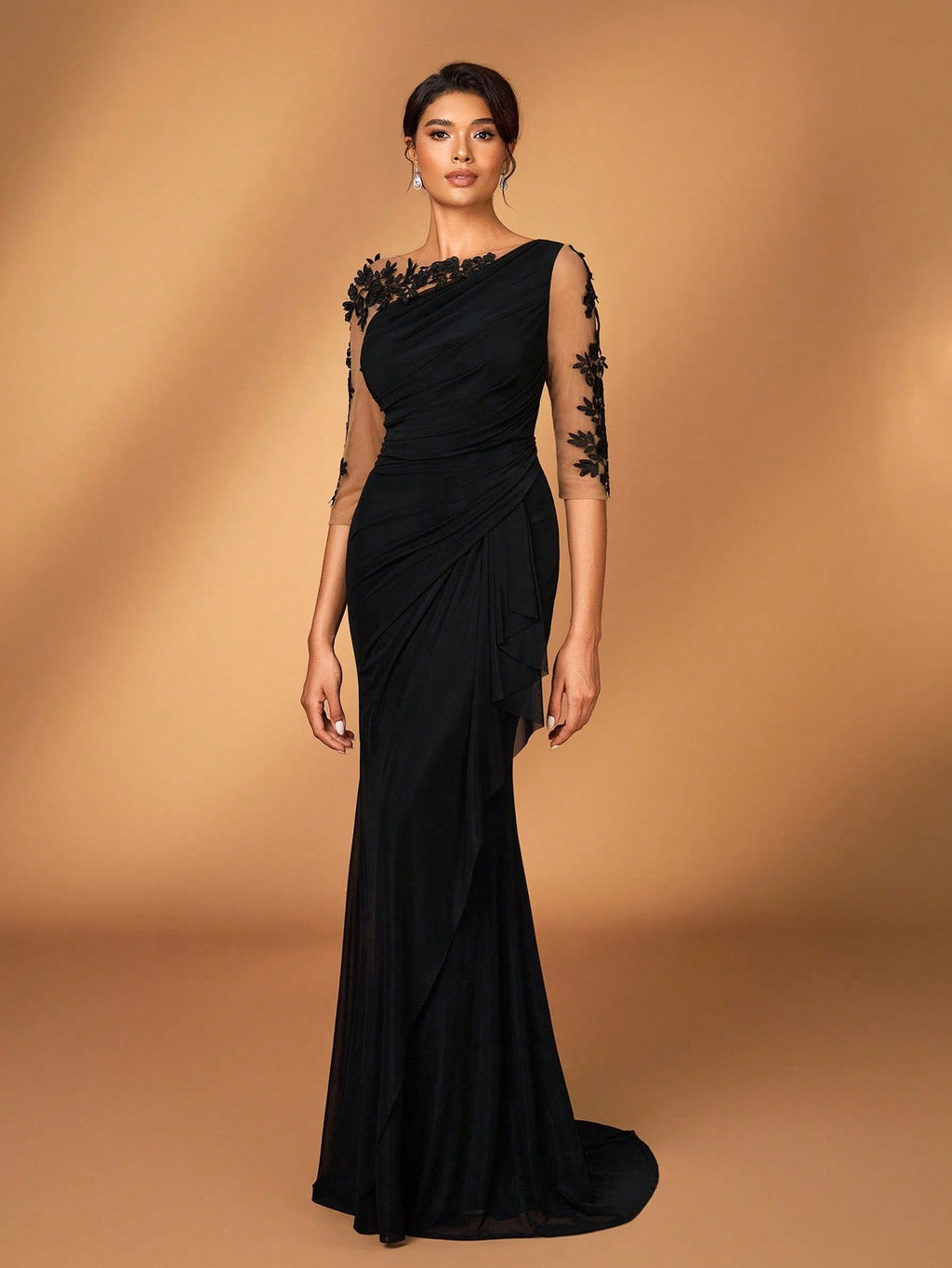 Serin Black Winter Elegant Formal Wedding Embroidered Lace Sheer Long Sleeve Elastic Knit Mesh Ruched Mermaid - image 7