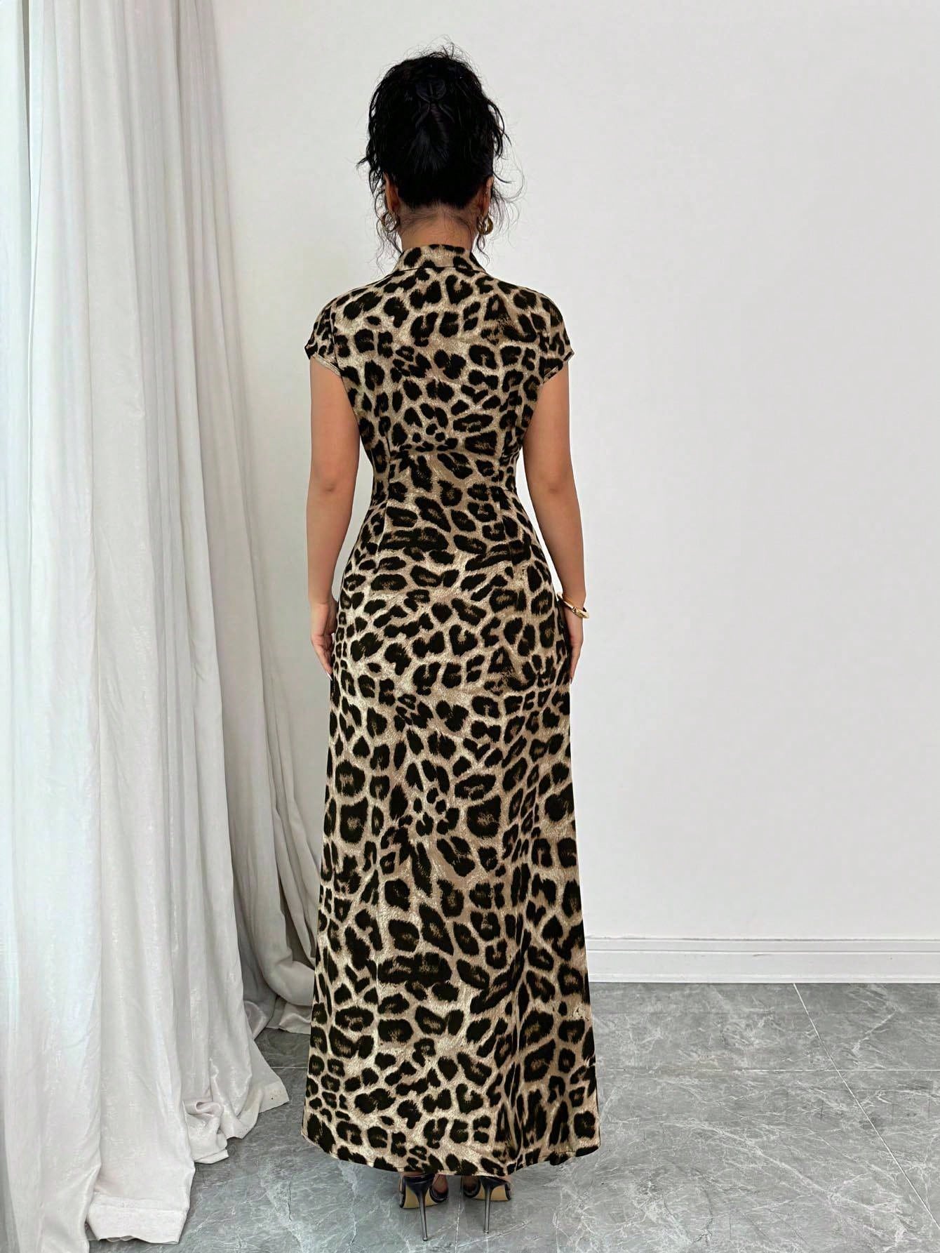 Rafferiza Women's Elegant Leopard Print Collared Short Sleeve Cinched