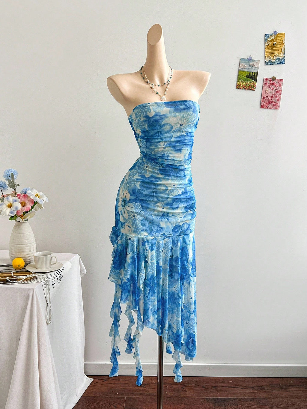 Soleia Pink Floral Mesh Ruffled Tie Strap Dress For Women,Summer Tropical Holiday Vacation, Boho Club - image 13