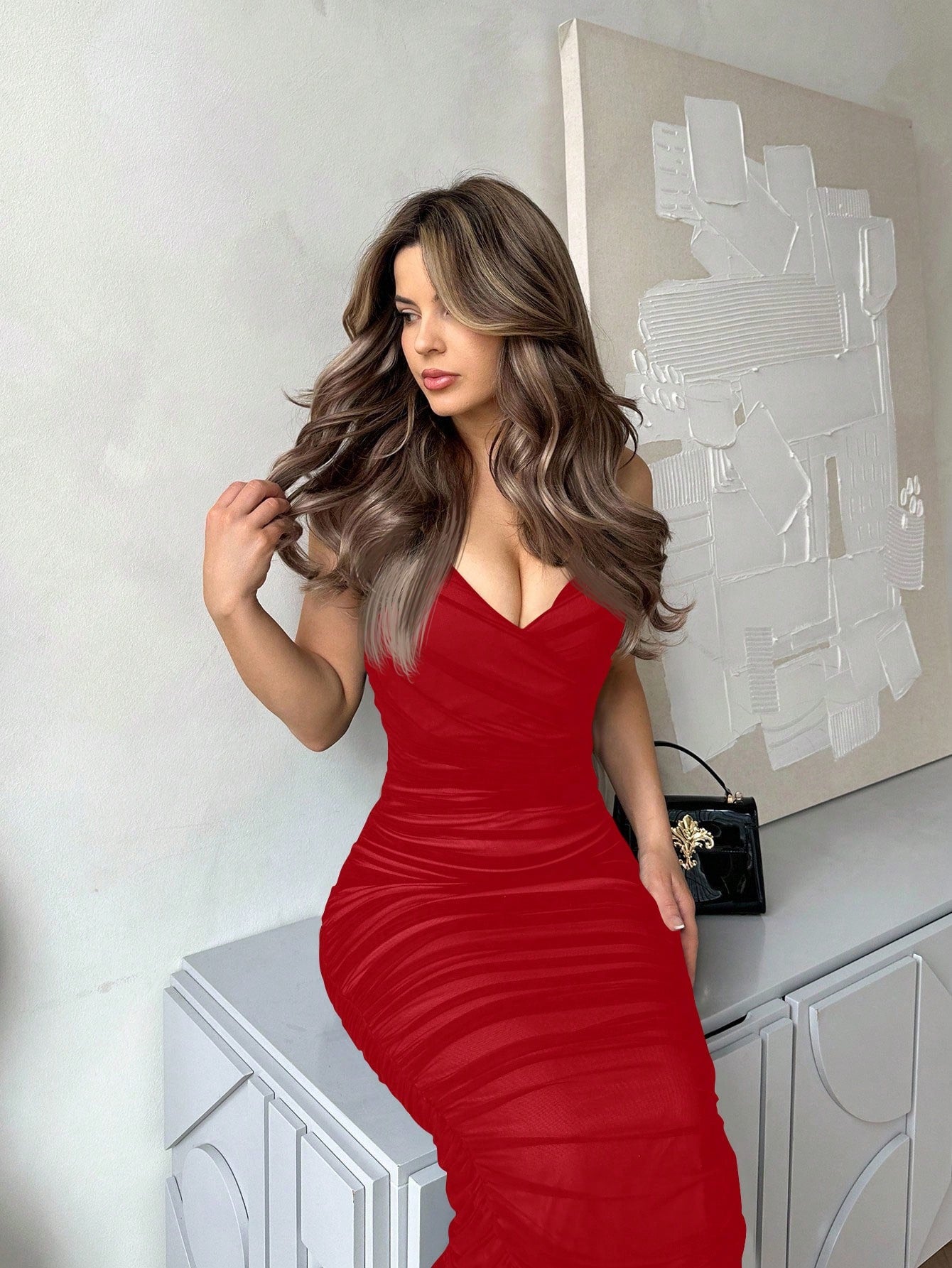 Jemour Prom Dress;Split Hem Ruched Mesh Slip Dress,Summer Dresses For
