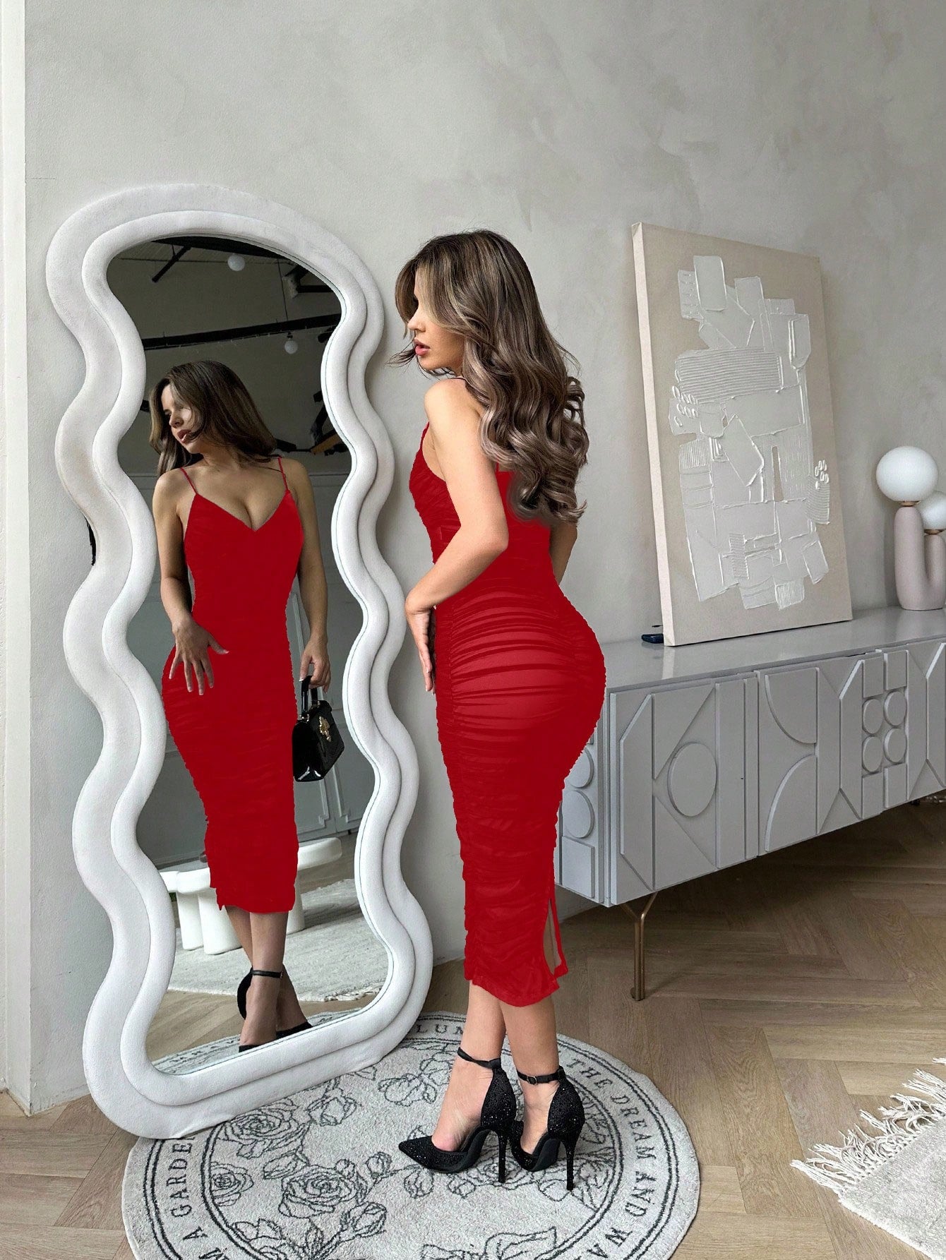 Jemour Prom Dress;Split Hem Ruched Mesh Slip Dress,Summer Dresses For