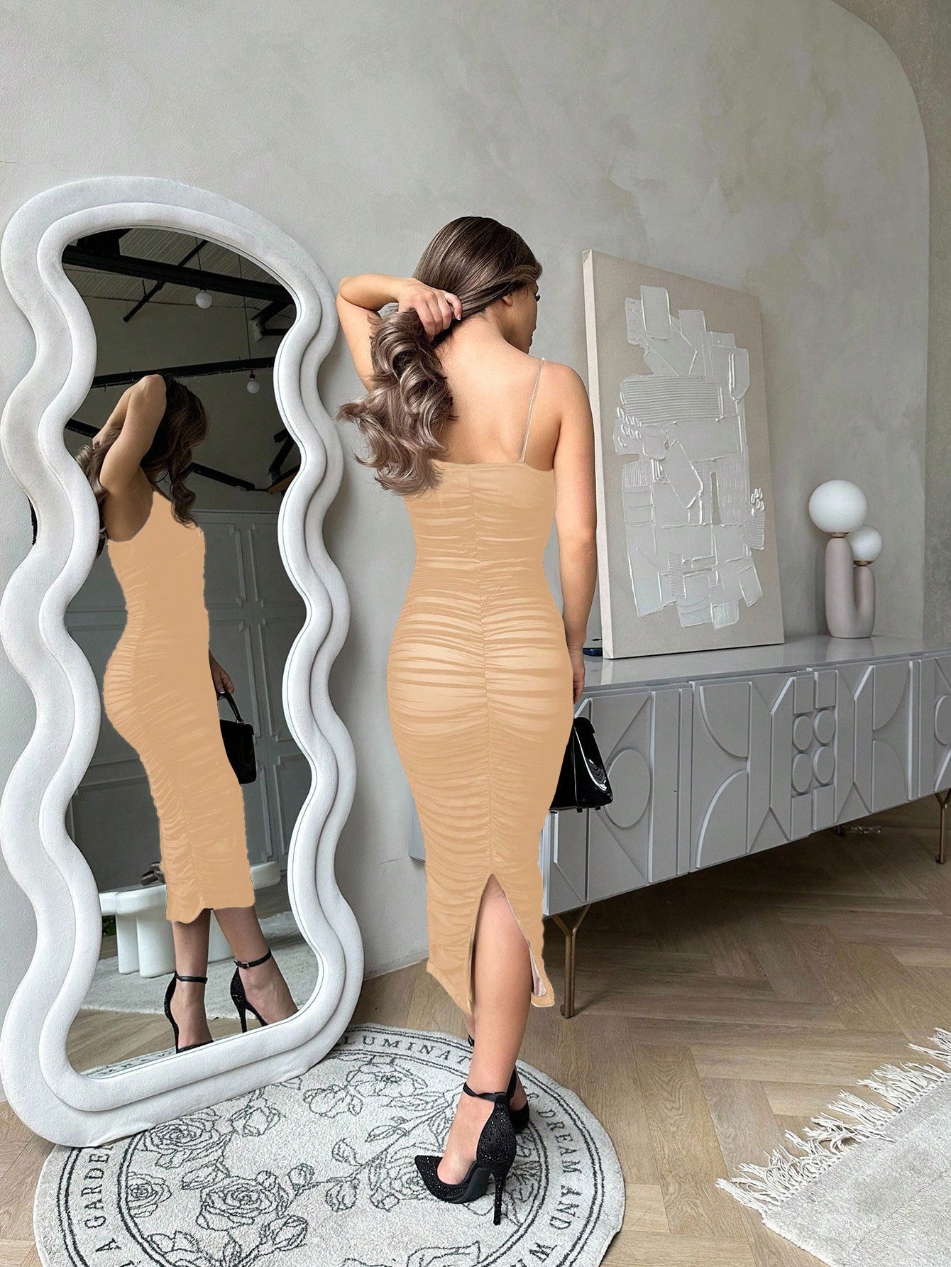 Jemour Prom Dress;Split Hem Ruched Mesh Slip Dress,Summer Dresses For