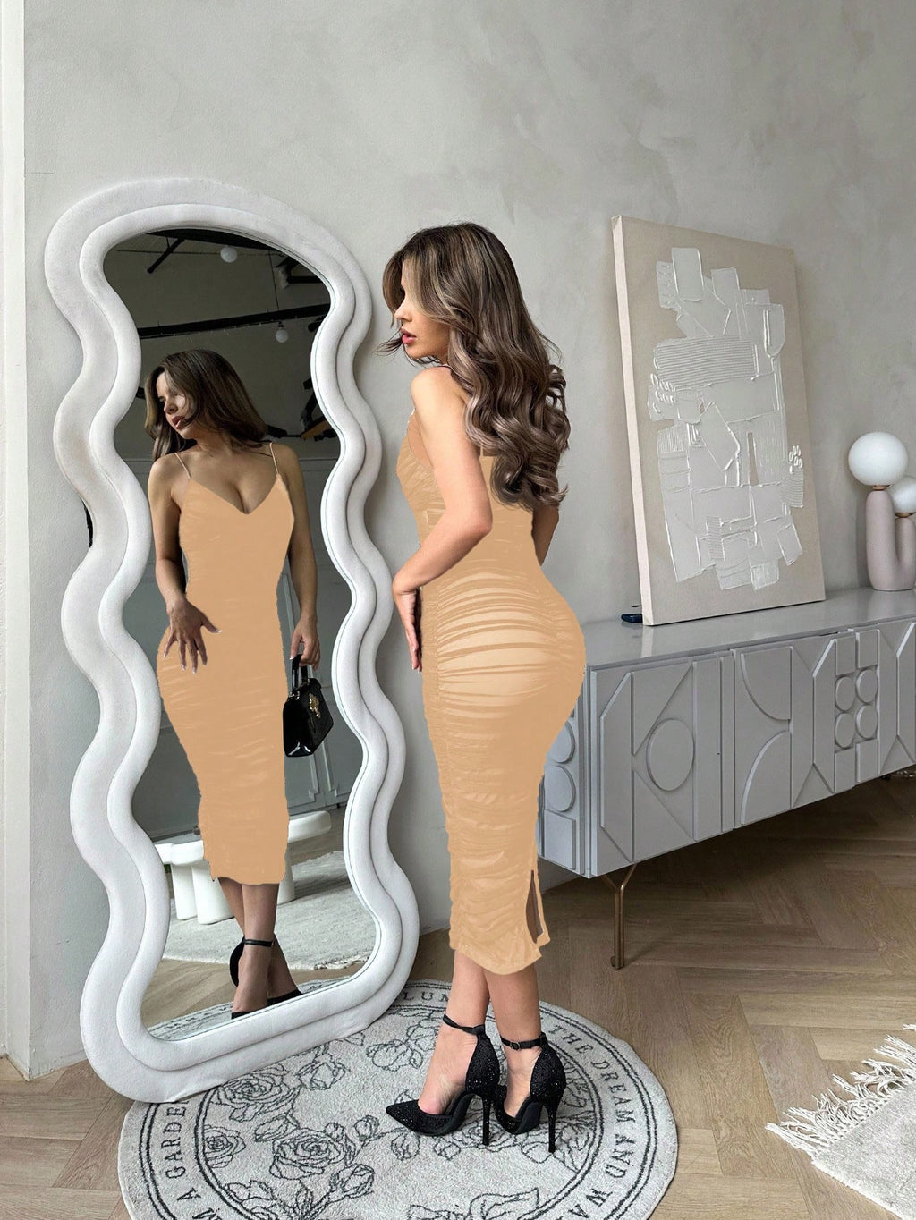 Jemour Prom Dress;Split Hem Ruched Mesh Slip Dress,Summer Dresses For