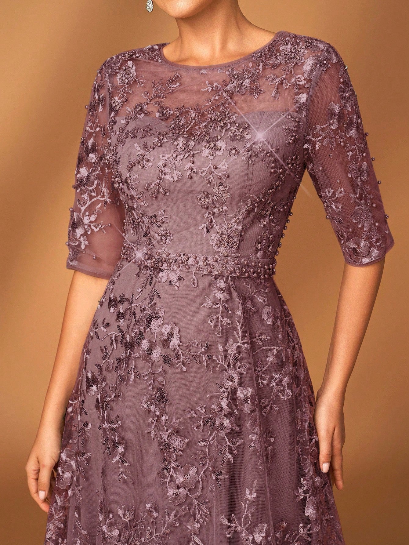 Serin Dusty Pink,Summer,Elegant,Brides Maid,Formal Party,Wedding Dress,Lace V-Neck Sheer Short Sleeve A-Line - image 8