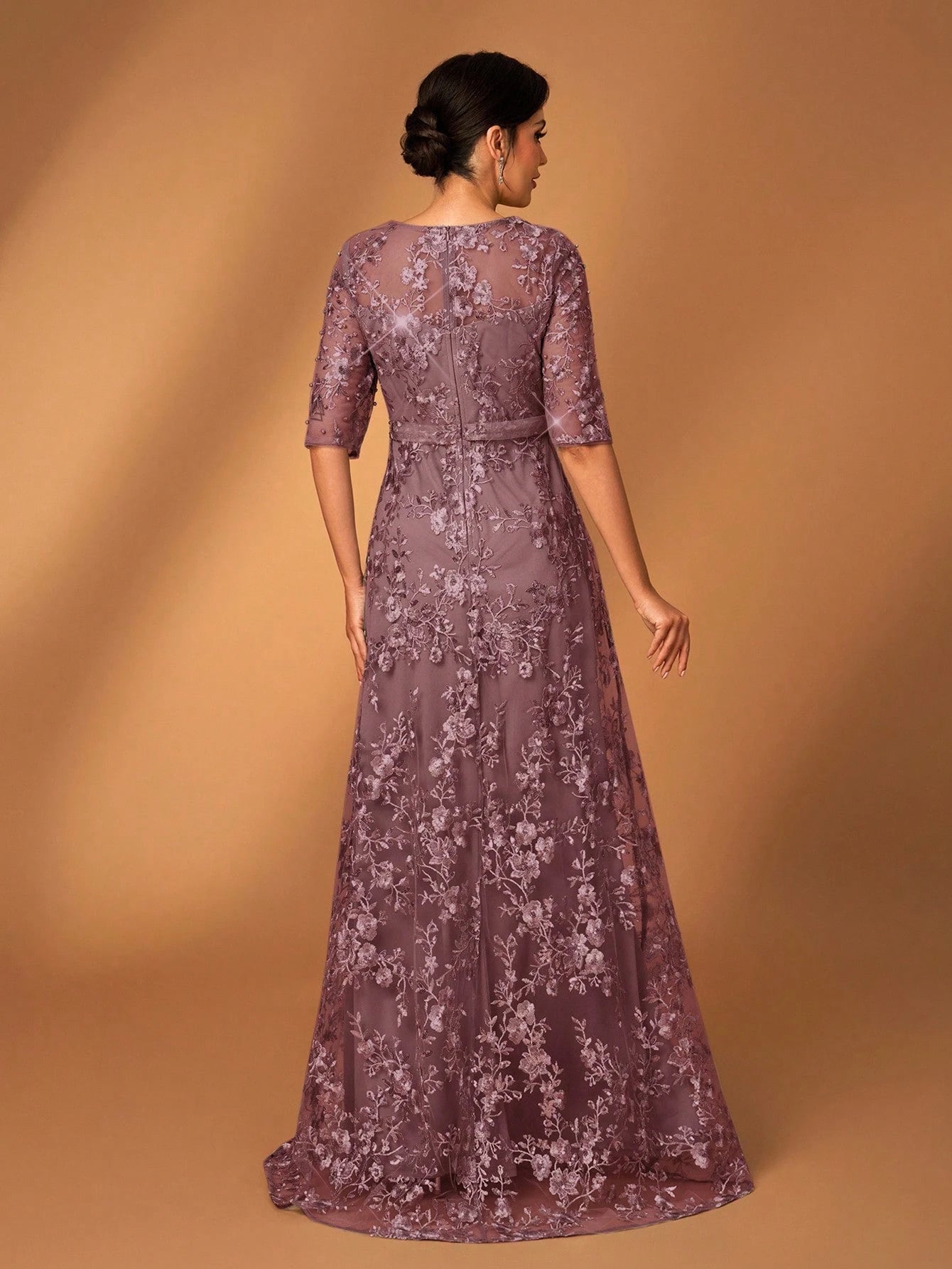 Serin Dusty Pink,Summer,Elegant,Brides Maid,Formal Party,Wedding Dress,Lace V-Neck Sheer Short Sleeve A-Line - image 9