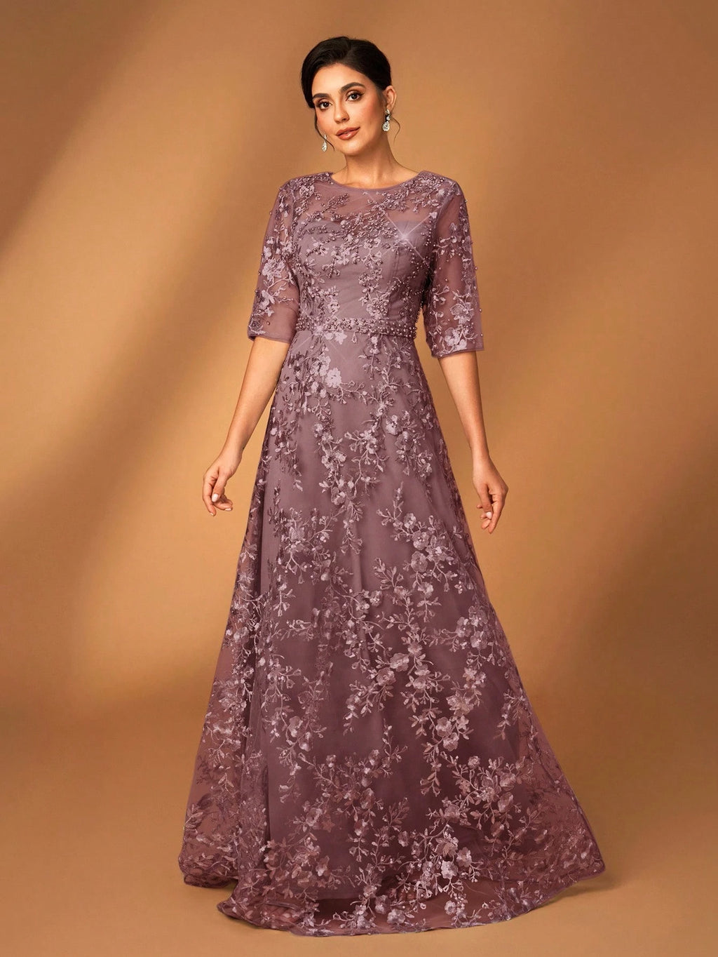 Serin Dusty Pink,Summer,Elegant,Brides Maid,Formal Party,Wedding Dress,Lace V-Neck Sheer Short Sleeve A-Line - image 10