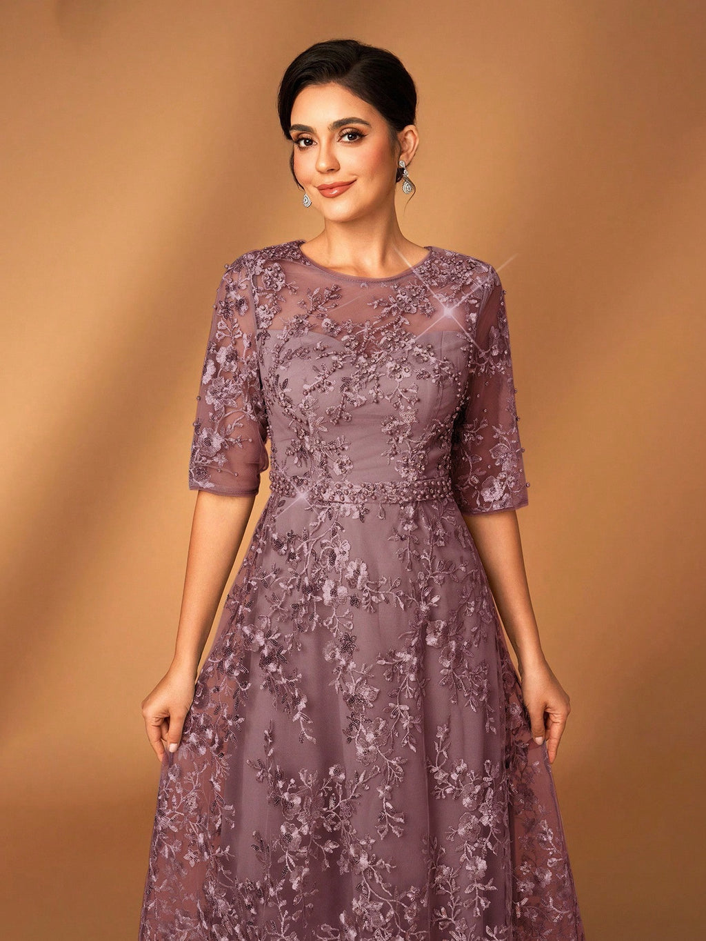 Serin Dusty Pink,Summer,Elegant,Brides Maid,Formal Party,Wedding Dress,Lace V-Neck Sheer Short Sleeve A-Line - image 11
