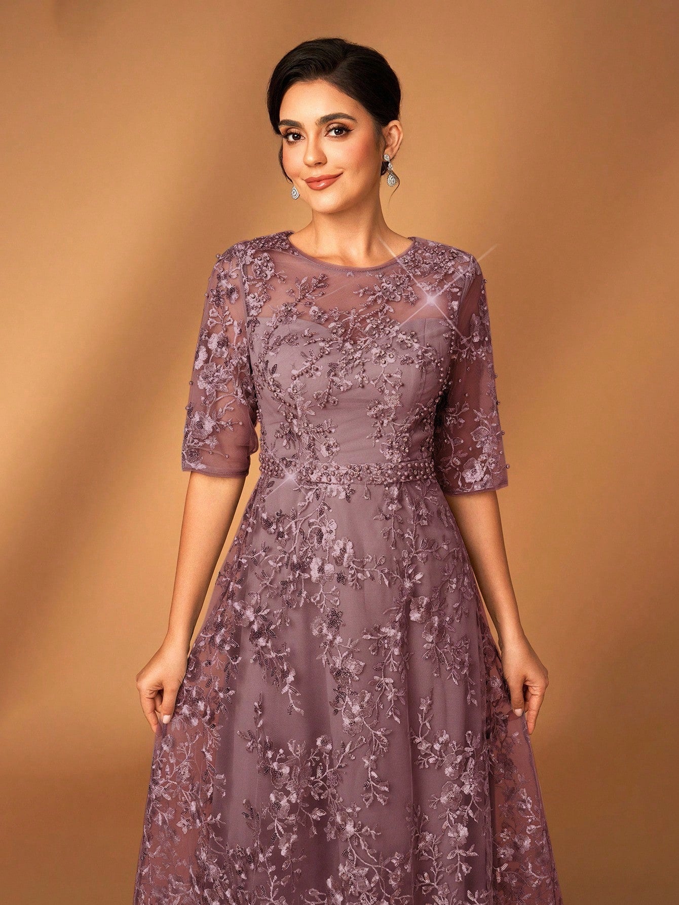 Serin Dusty Pink,Summer,Elegant,Brides Maid,Formal Party,Wedding Dress,Lace V-Neck Sheer Short Sleeve A-Line - image 11