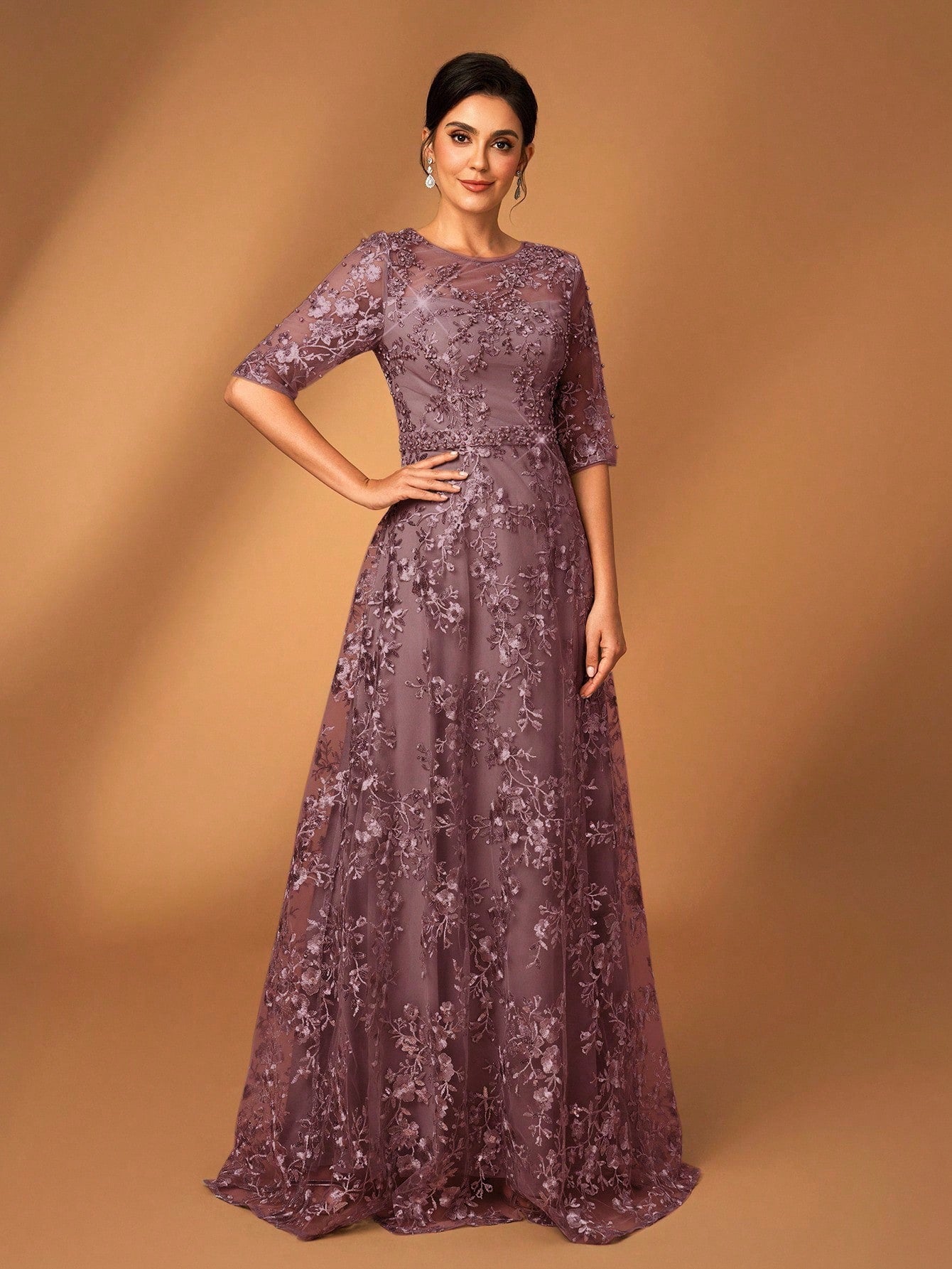 Serin Dusty Pink,Summer,Elegant,Brides Maid,Formal Party,Wedding Dress,Lace V-Neck Sheer Short Sleeve A-Line - image 12