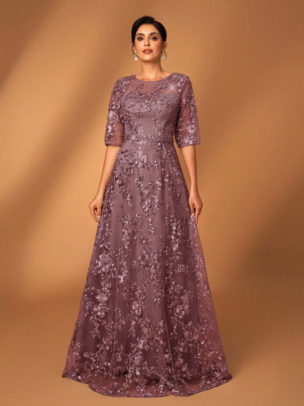 Serin Dusty Pink,Summer,Elegant,Brides Maid,Formal Party,Wedding Dress,Lace V-Neck Sheer Short Sleeve A-Line - image 13