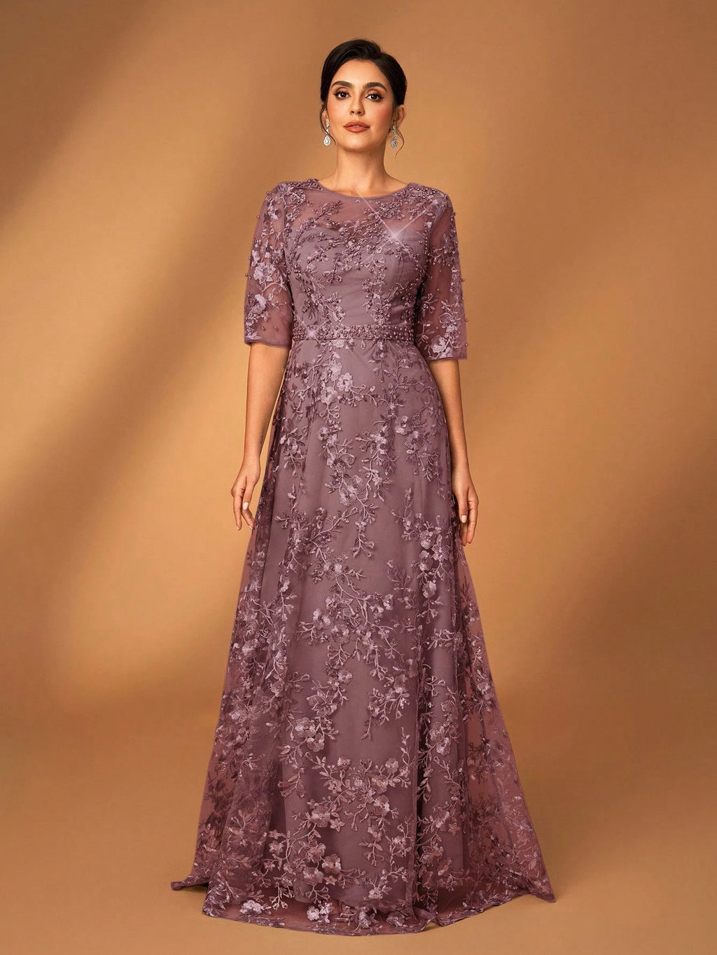 Serin Dusty Pink,Summer,Elegant,Brides Maid,Formal Party,Wedding Dress,Lace V-Neck Sheer Short Sleeve A-Line - image 14