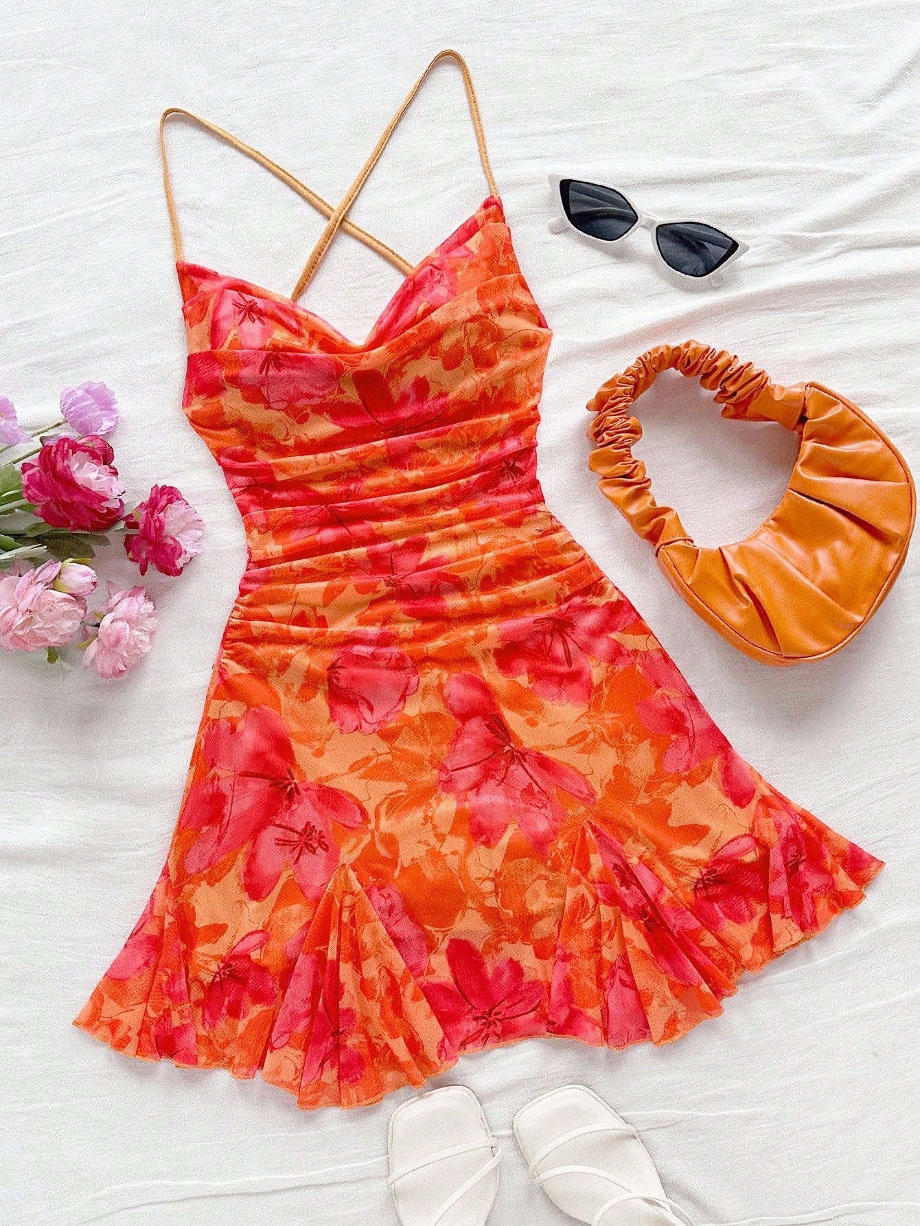 Soleia Women's Burnt Orange Spaghetti Strap Mini Dress,Summer 70s
