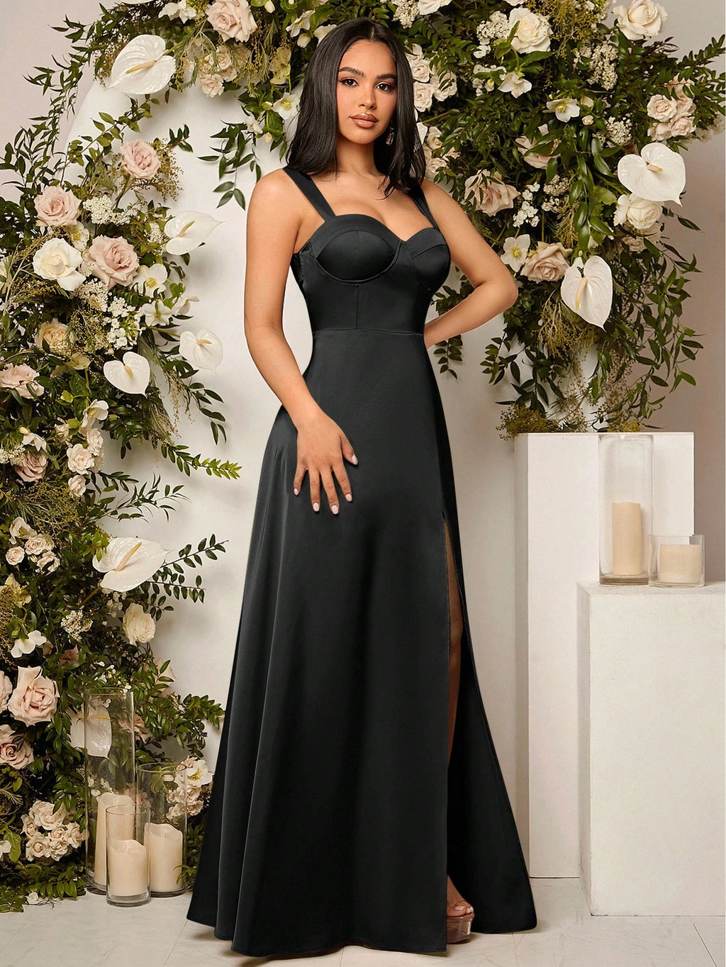 Belle Elegant Chic Sexy Minimalist Solid Color Pleated Hollow-Out Backless High Slit Hem Bustier Bust - image 14