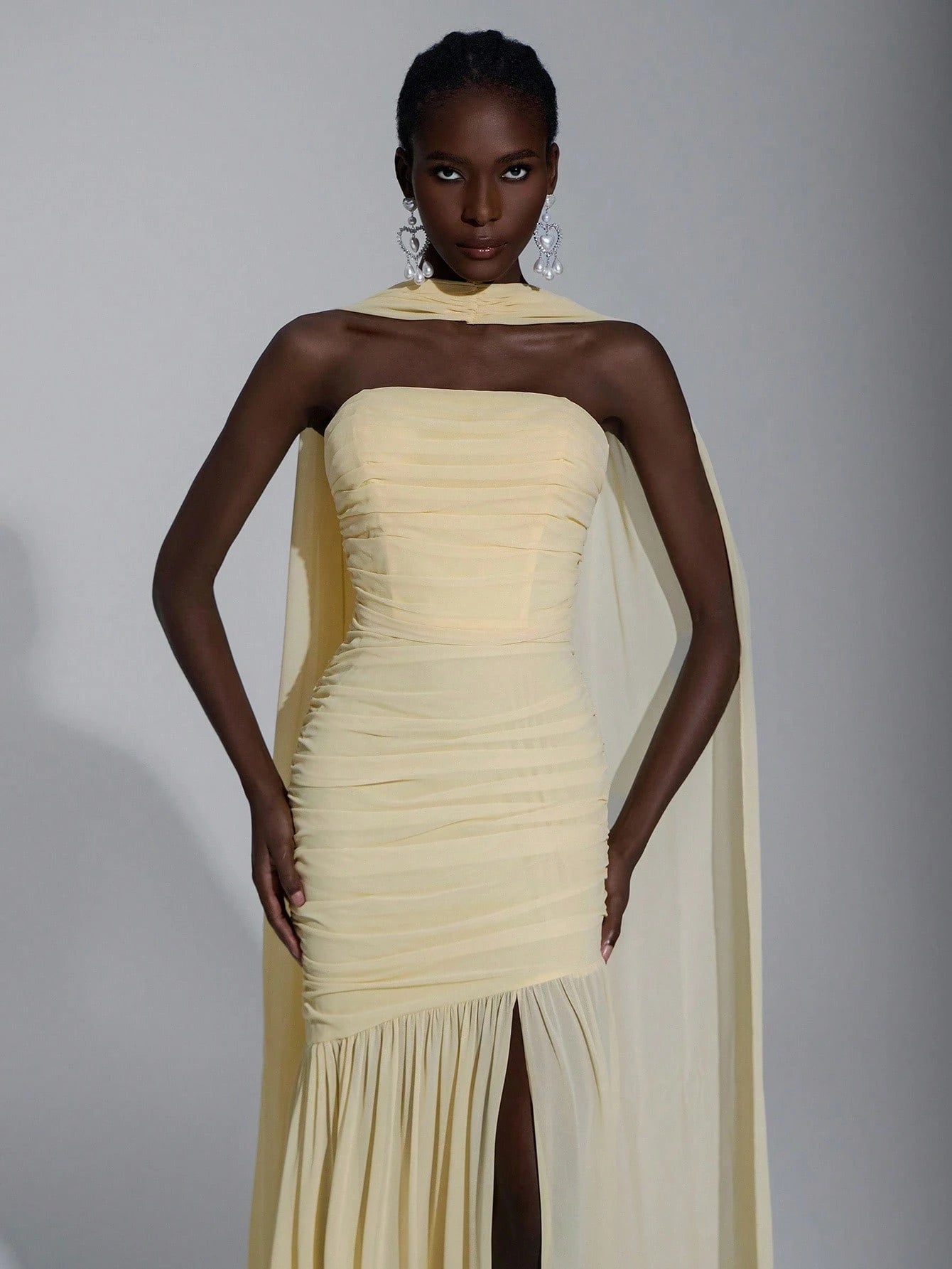 Elitara Elegant Light Yellow Summer Chic Chiffon Dress,Formal Prom Wedding Bridesmaid Fishtail Dress,Halter - image 9
