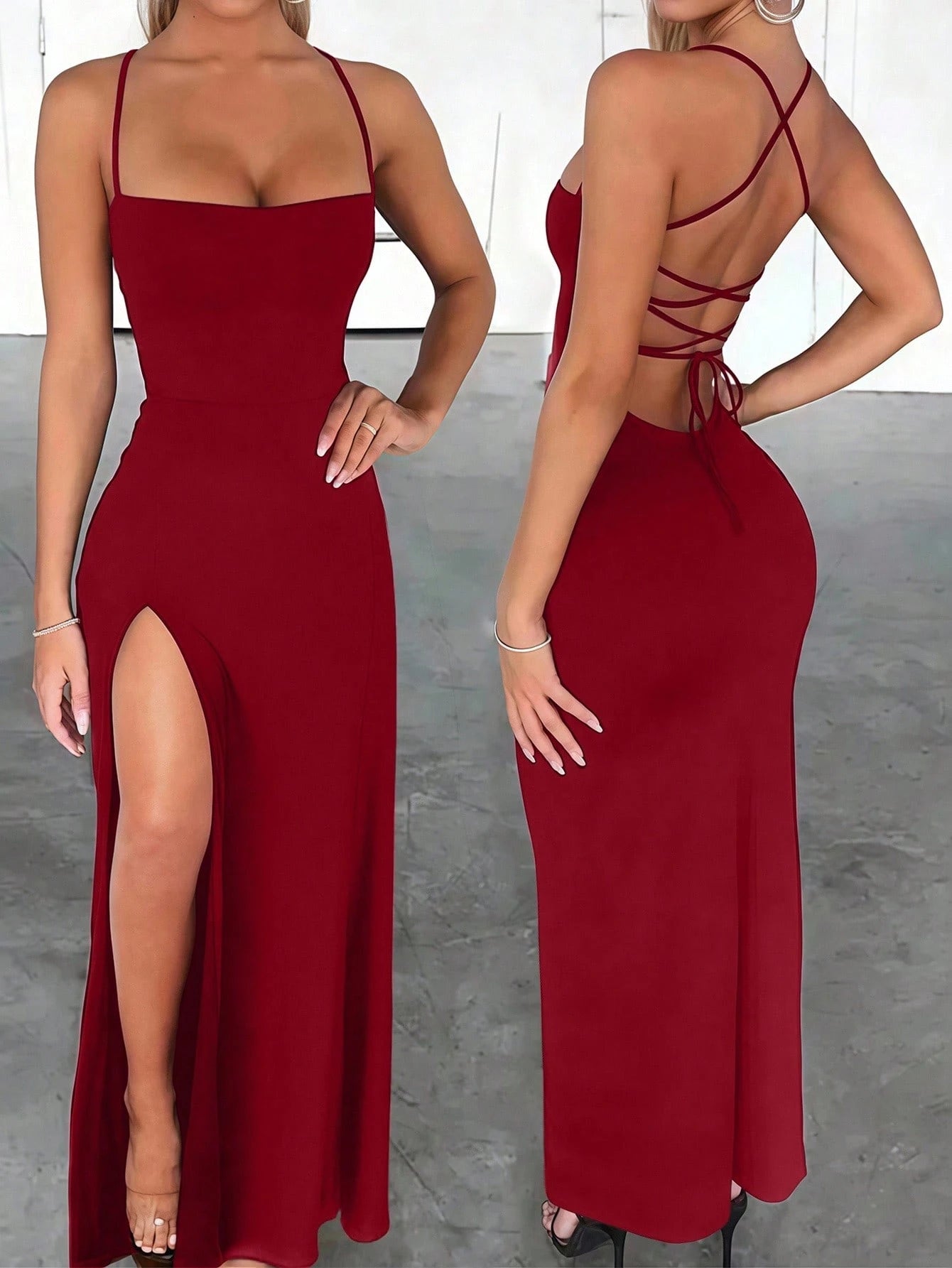 Zyxie Fitted Sexy Elegant High Slit Criss-Cross Strap Tie-Up Long Dress For Women Party Brown Summer - image 14