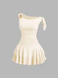 Sweetra Women's Metal Flower Decor Ruched Shoulder Ruched Hem