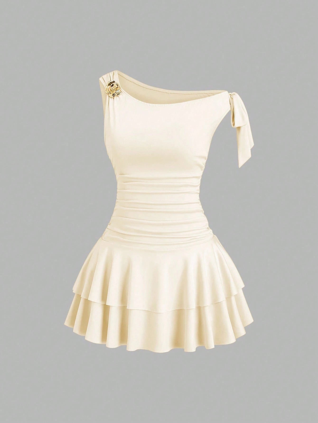 Sweetra Women's Metal Flower Decor Ruched Shoulder Ruched Hem Fashionable Dress