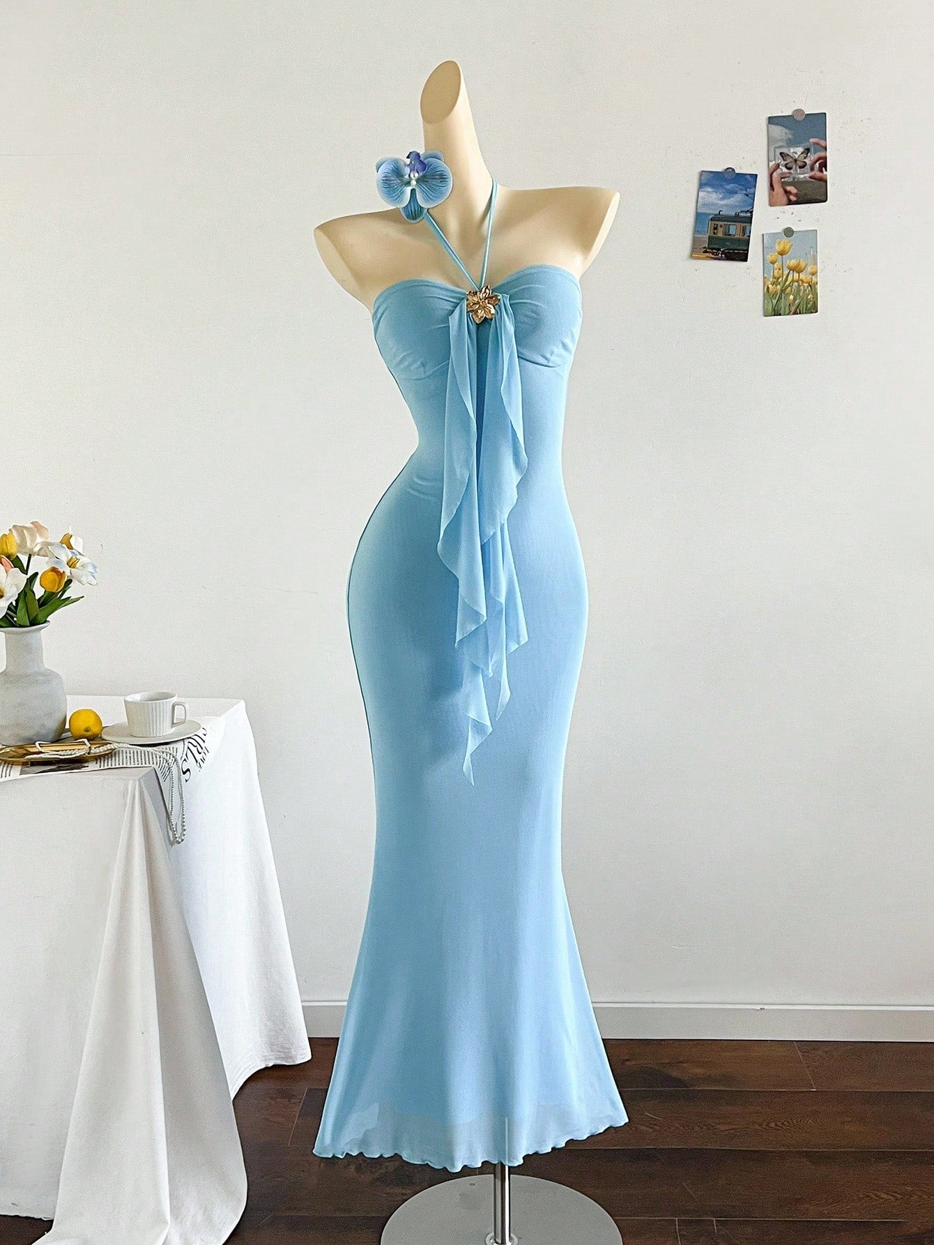 Soleia Women's Sky Blue Elegant Party Night Vacation Knit Mesh Ombre