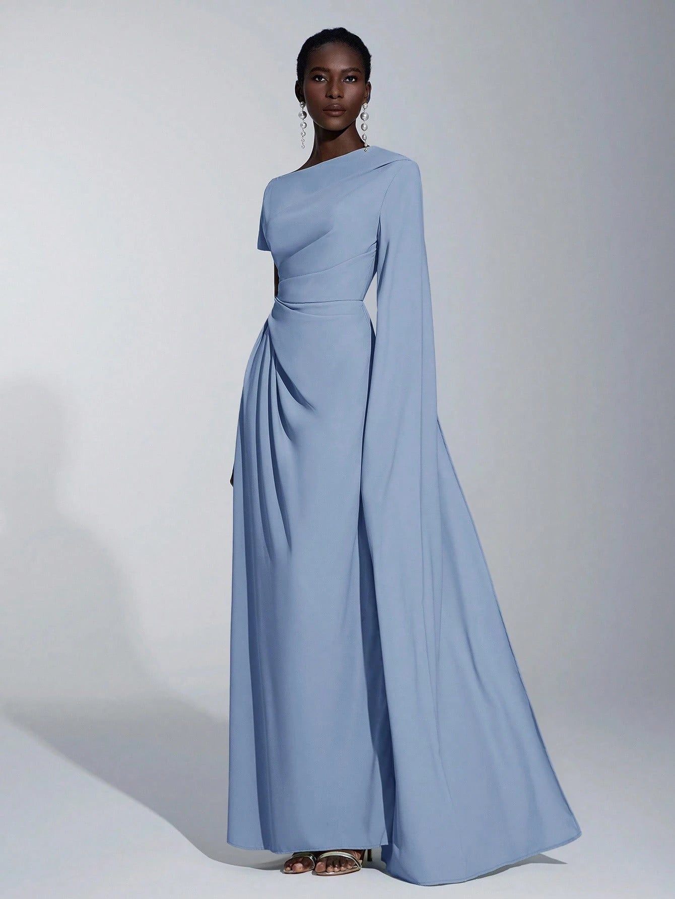 Elitara Elegant Asymmetric Sleeve Ruffle Hem Long Sleeve Dress,