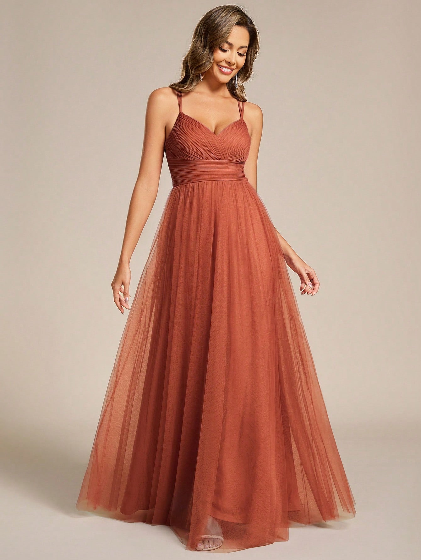 EVERPRETTY Elegant Lace Contrast Mesh Backless Pink Bridesmaid Dress,