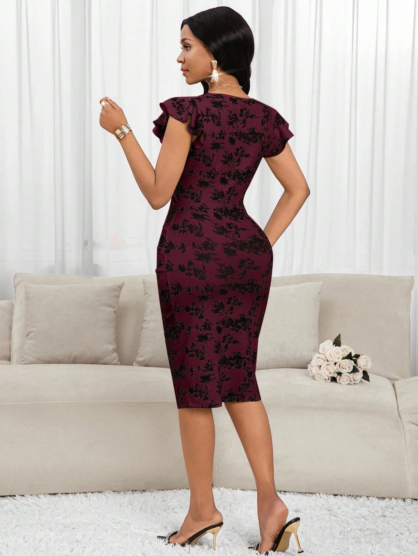 Lady Women's V-Neck Floral Print Ruffle Elegant Mid-Length Dress Women Dresses Midi Dress Women Clothing - image 19