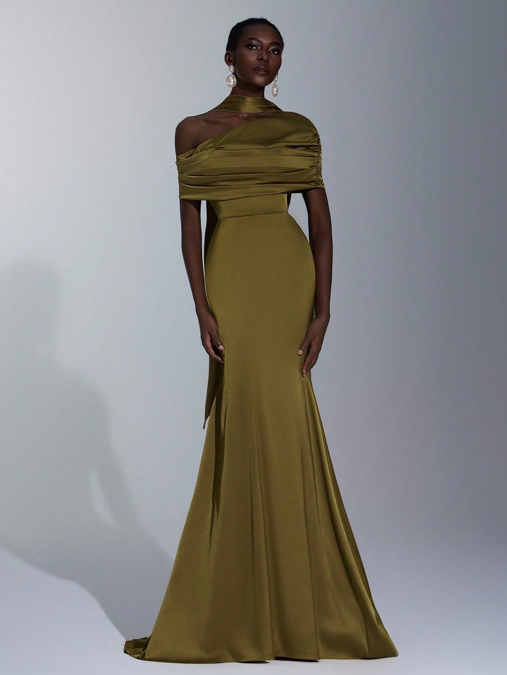 Elitara Elegant Winter Olive Green Formal Wedding Bridesmaid Dress, Fashionable Stretch Satin Fishtail Hem