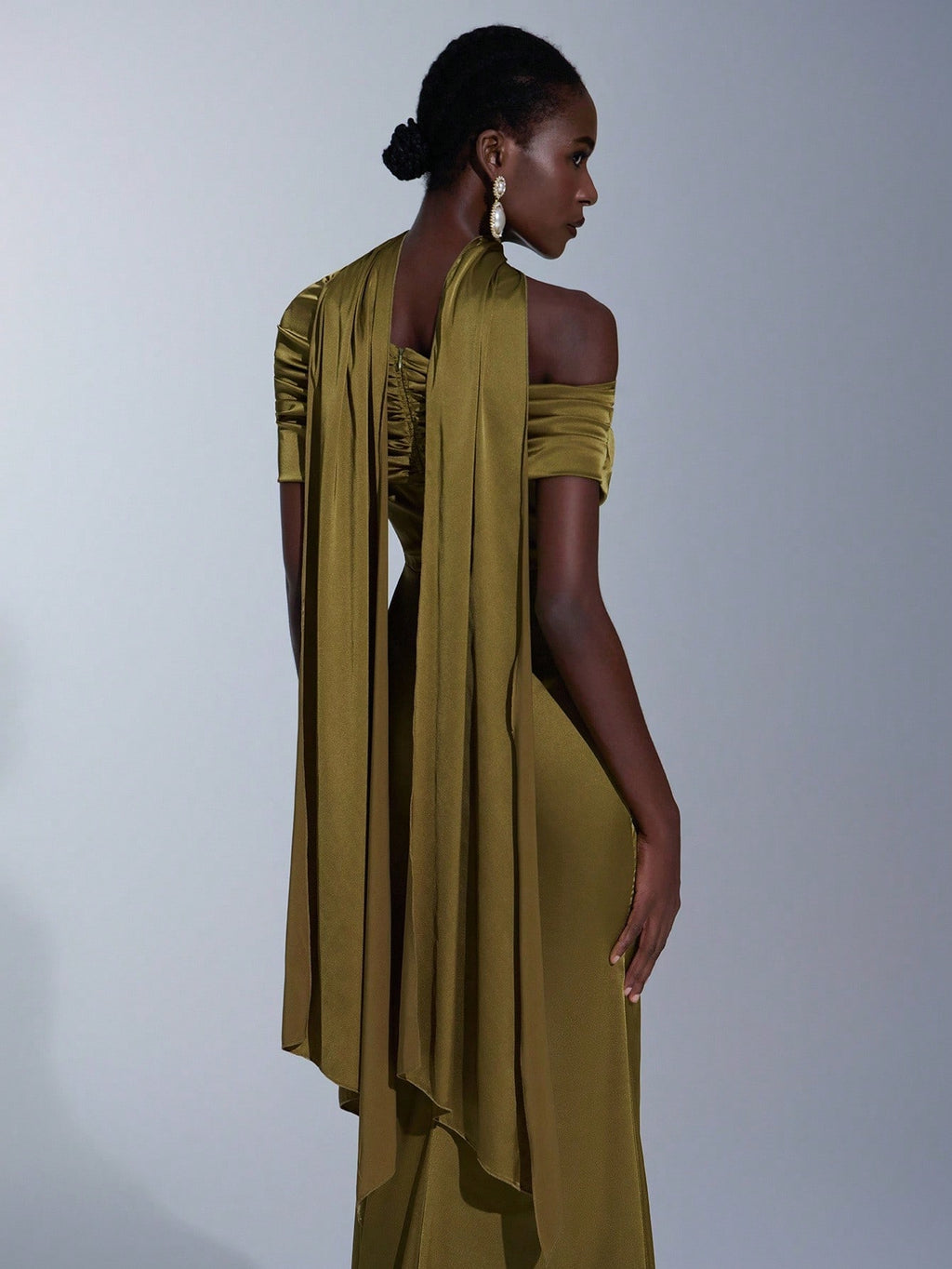 Elitara Elegant Winter Olive Green Formal Wedding Bridesmaid Dress, Fashionable Stretch Satin Fishtail Hem - image 3