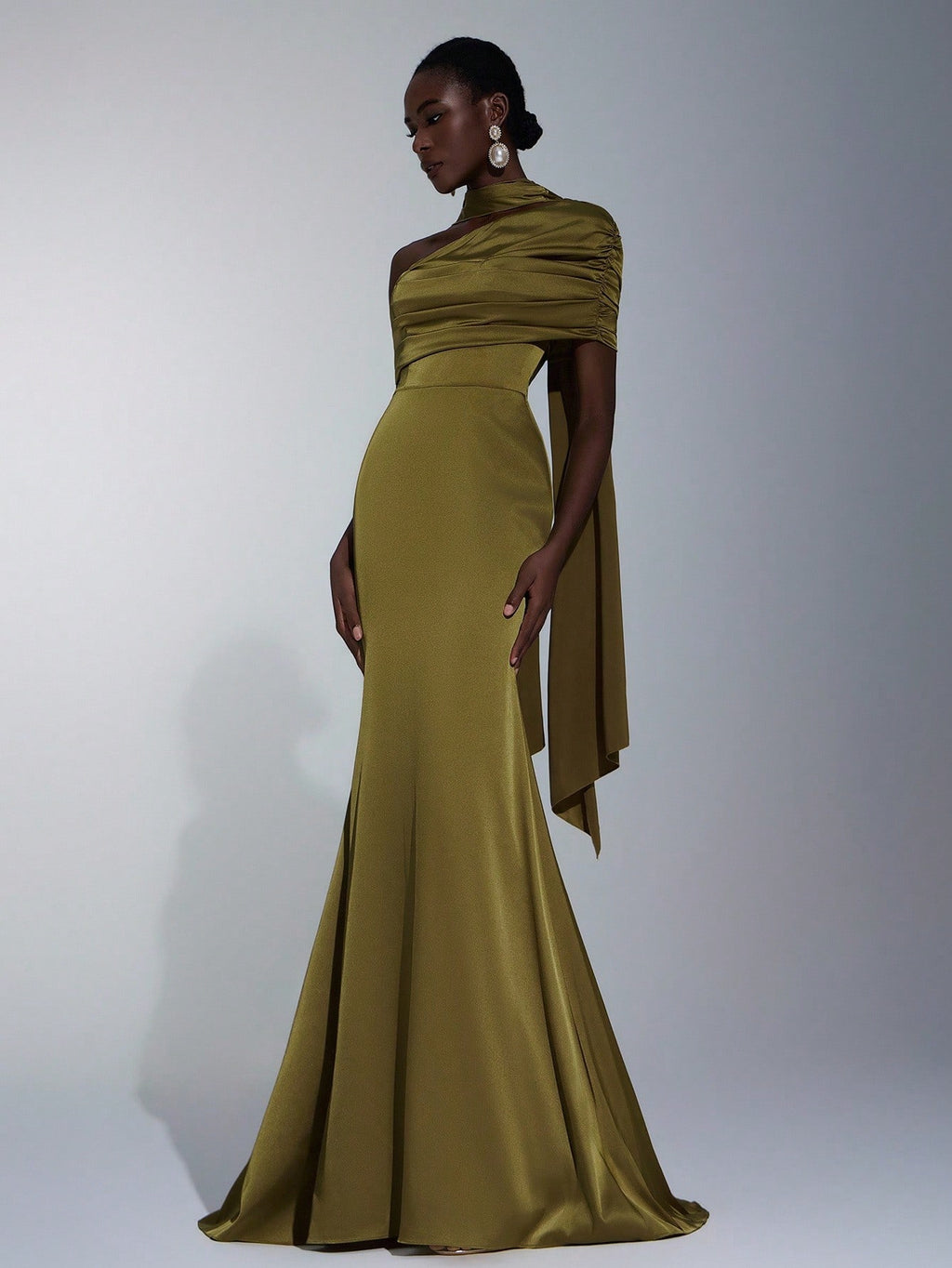Elitara Elegant Winter Olive Green Formal Wedding Bridesmaid Dress, Fashionable Stretch Satin Fishtail Hem - image 5