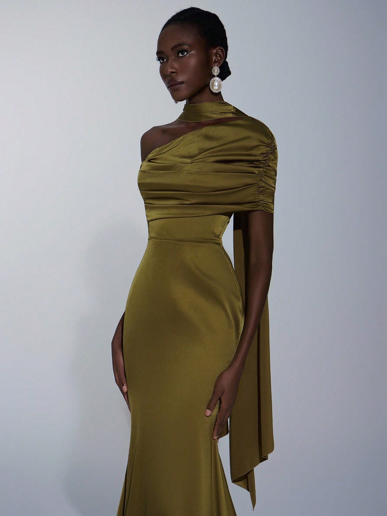 Elitara Elegant Winter Olive Green Formal Wedding Bridesmaid Dress, Fashionable Stretch Satin Fishtail Hem - image 6