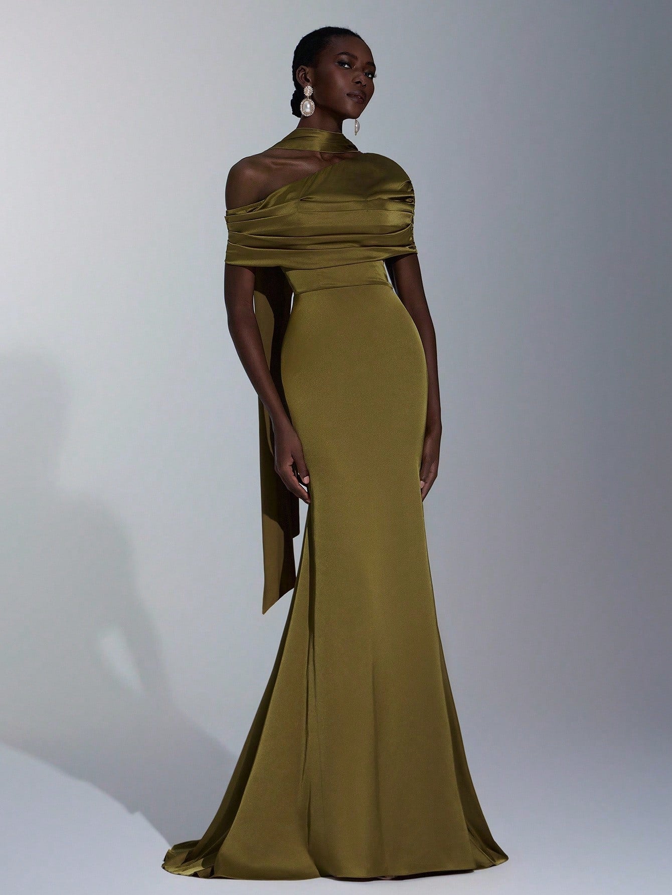 Elitara Elegant Winter Olive Green Formal Wedding Bridesmaid Dress, Fashionable Stretch Satin Fishtail Hem - image 7