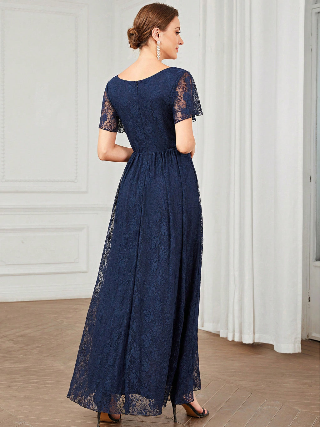 Women's V-Neck Lace Elegant Pleated Bust Ruffle Hem Chiffon Bridesmaid Dress, Wedding Guest Dress Spring - image 12