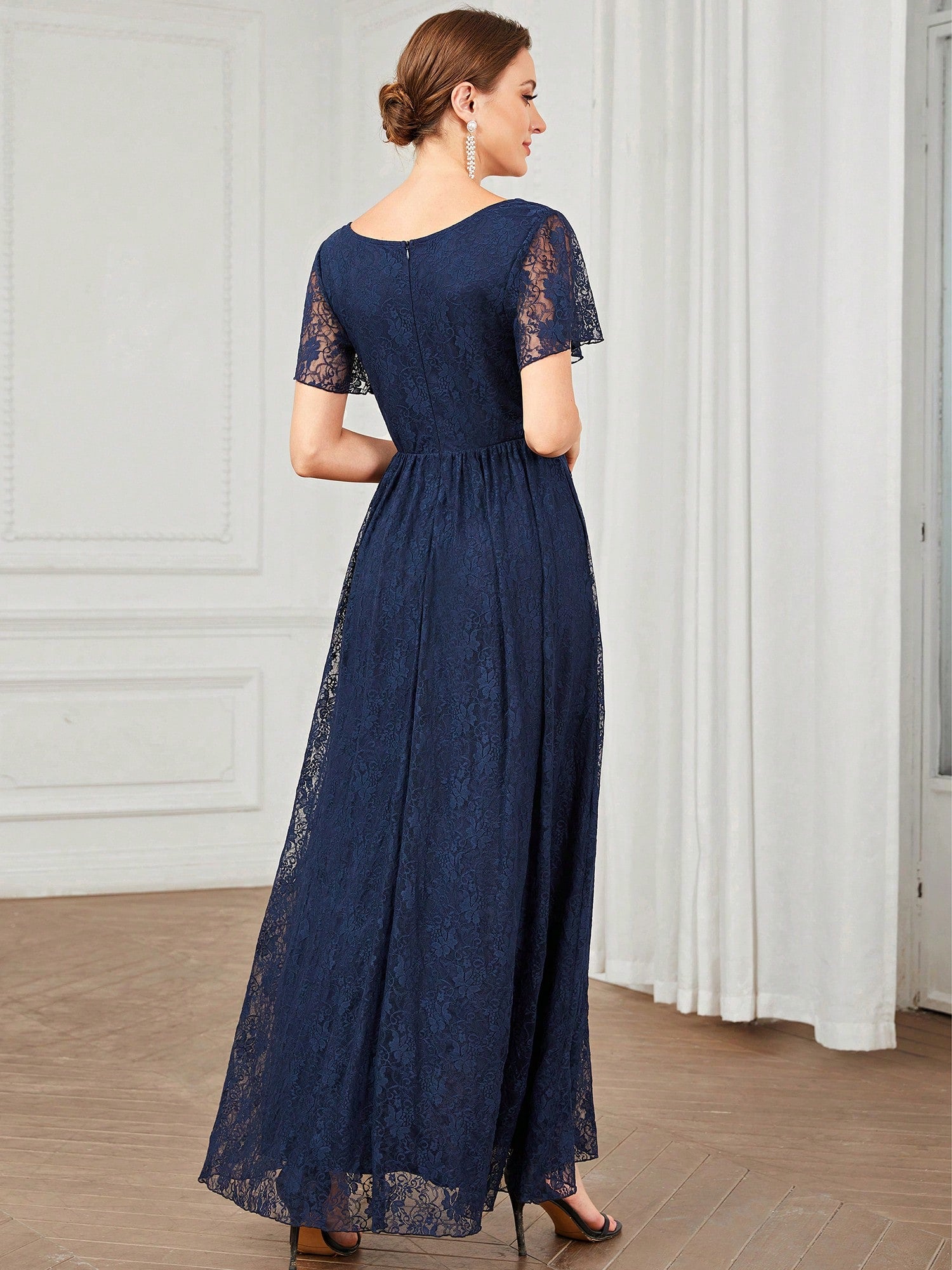 Women's V-Neck Lace Elegant Pleated Bust Ruffle Hem Chiffon Bridesmaid Dress, Wedding Guest Dress Spring - image 12
