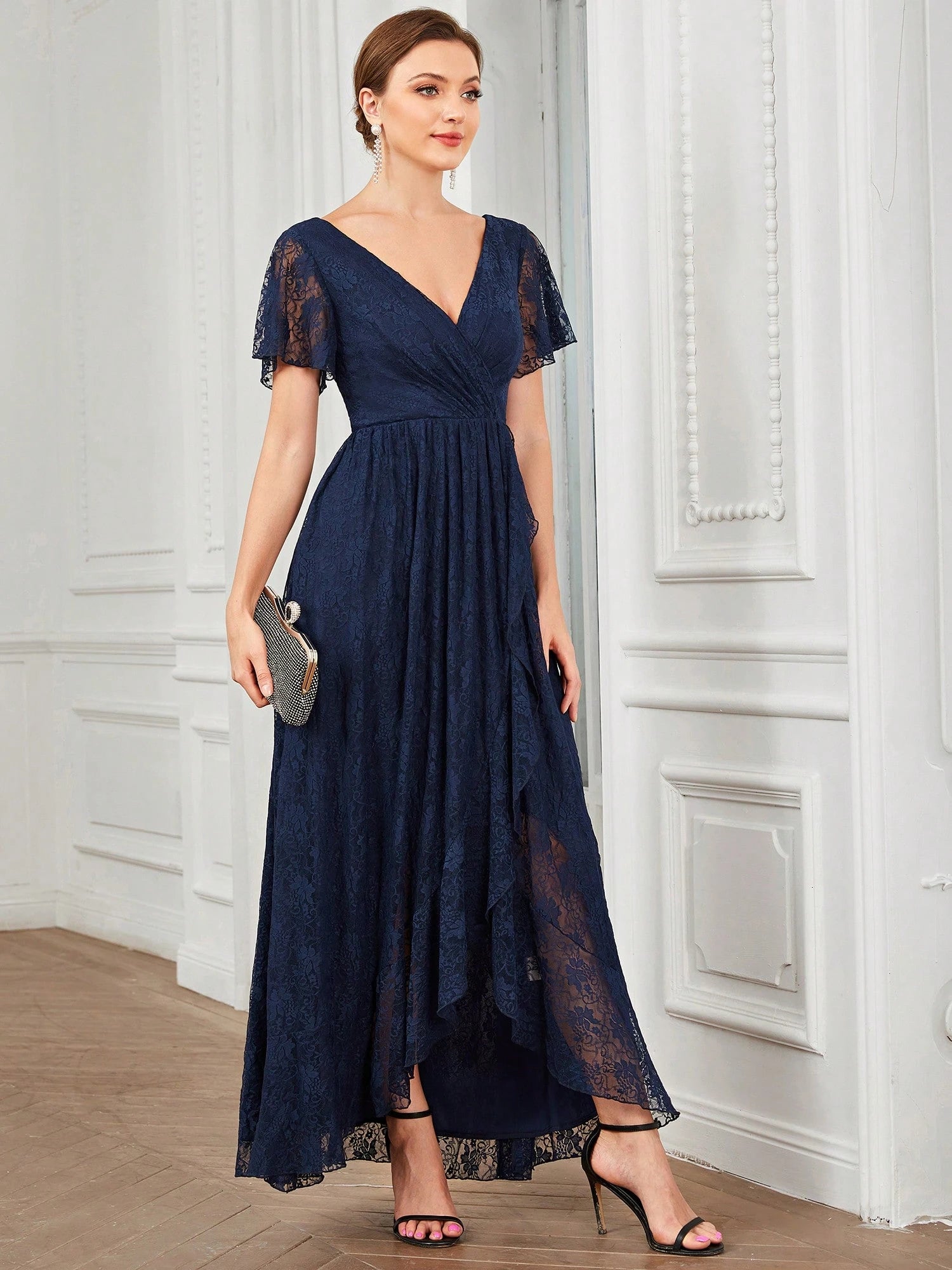 Women's V-Neck Lace Elegant Pleated Bust Ruffle Hem Chiffon Bridesmaid Dress, Wedding Guest Dress Spring - image 11