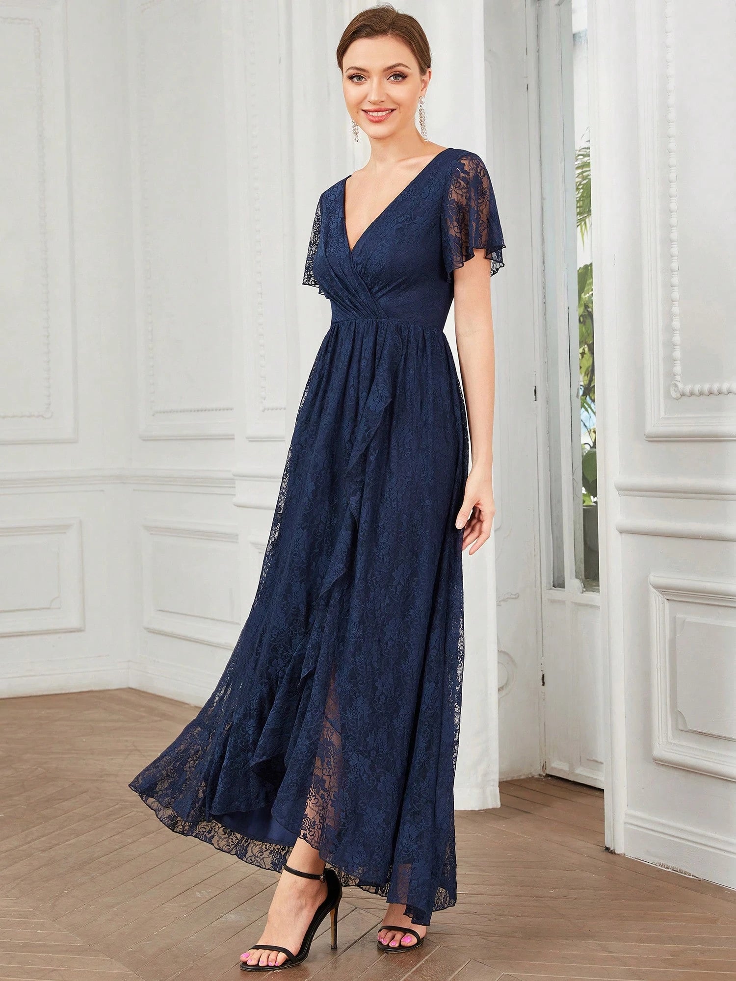 Women's V-Neck Lace Elegant Pleated Bust Ruffle Hem Chiffon Bridesmaid Dress, Wedding Guest Dress Spring - image 13