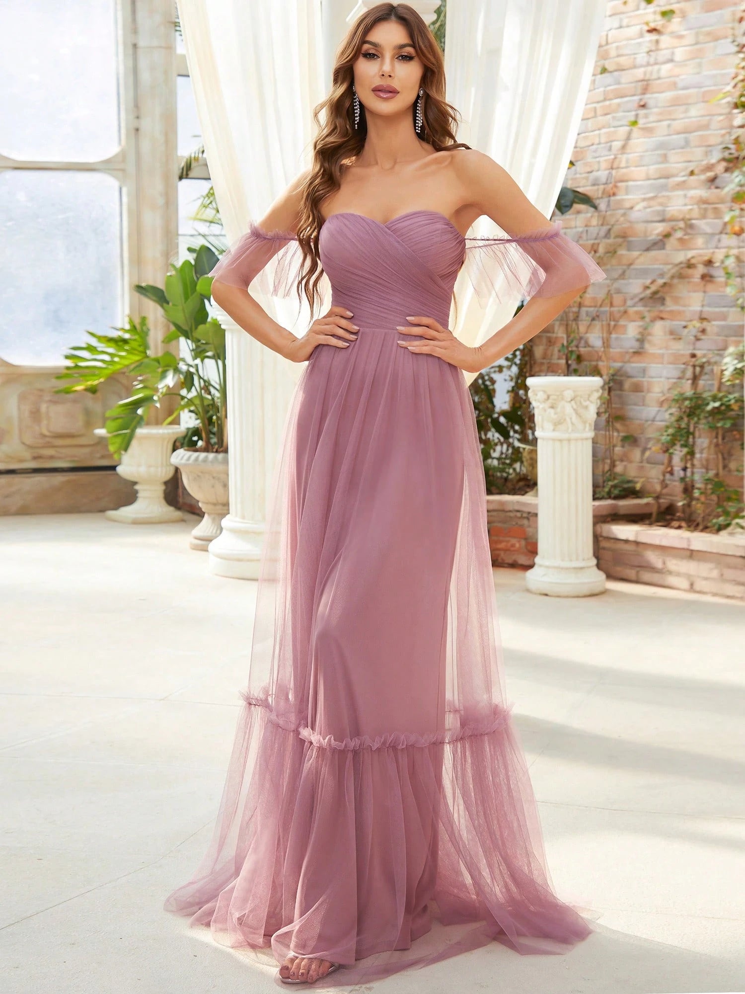 EVERPRETTY Romantic Off-Shoulder Ruffle Hem Mesh Tangerine Bridesmaid Dress, Suitable For Wedding, Party,