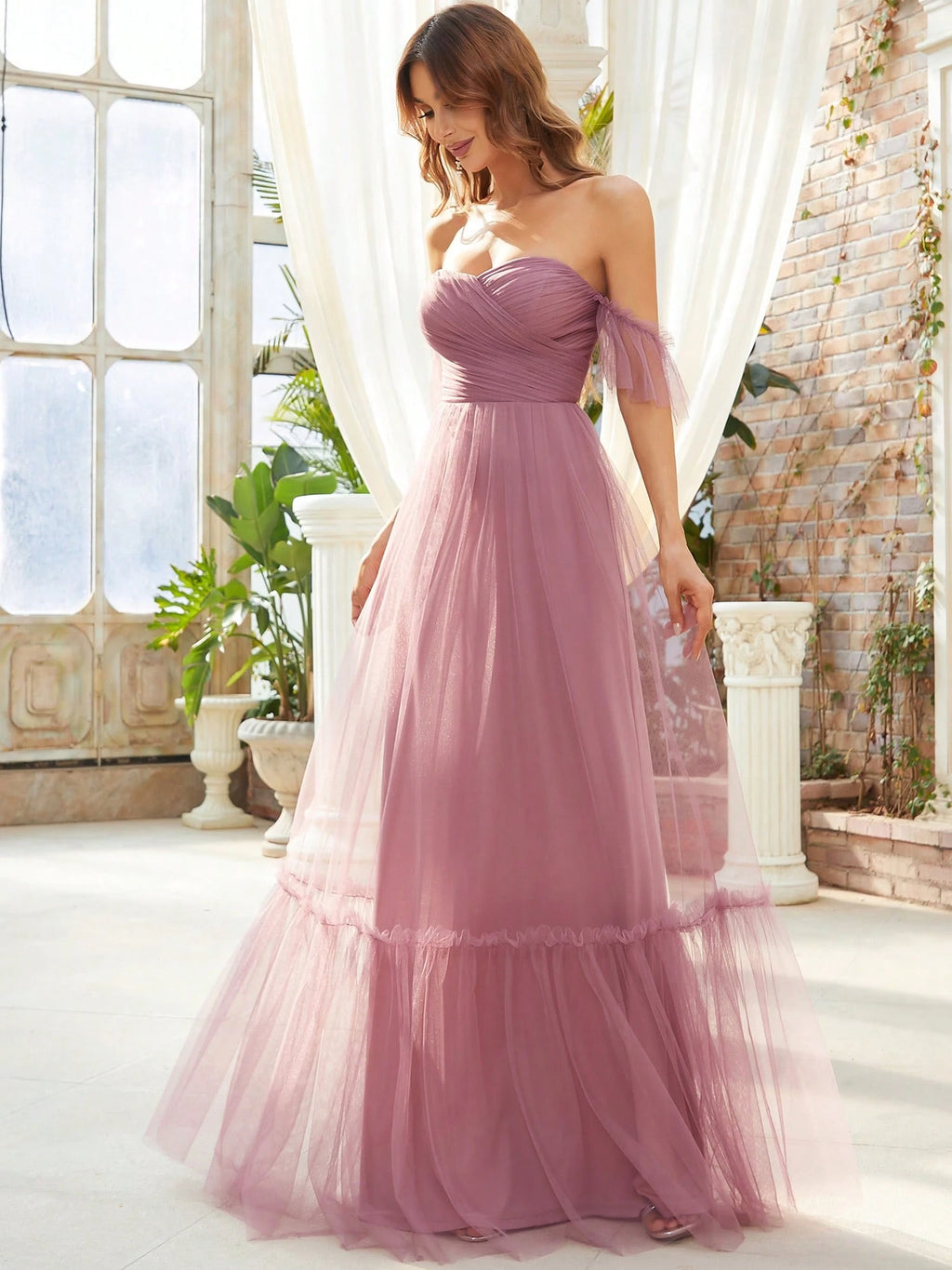 EVERPRETTY Romantic Off-Shoulder Ruffle Hem Mesh Tangerine Bridesmaid Dress, Suitable For Wedding, Party, - image 4