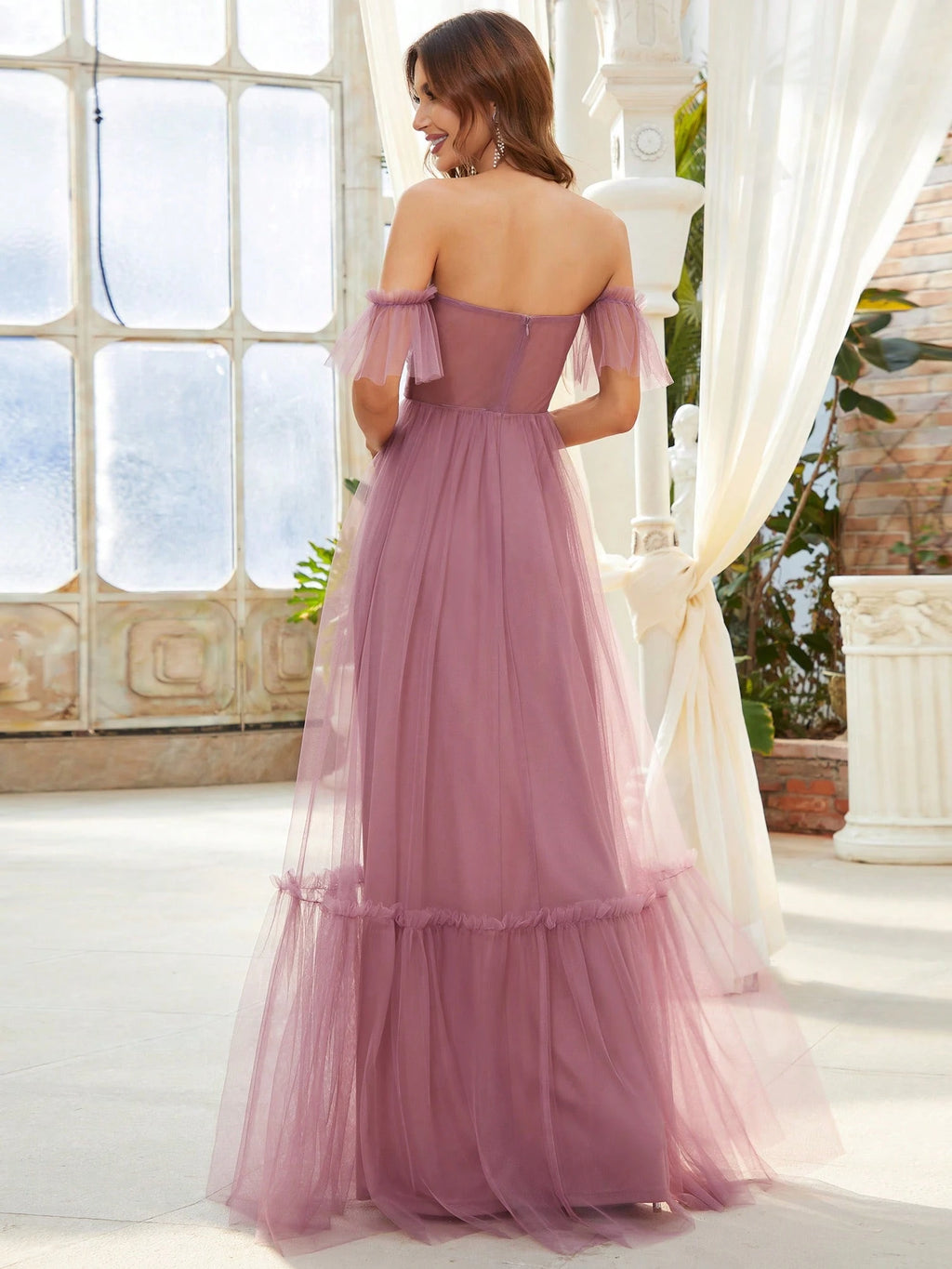 EVERPRETTY Romantic Off-Shoulder Ruffle Hem Mesh Tangerine Bridesmaid Dress, Suitable For Wedding, Party, - image 3