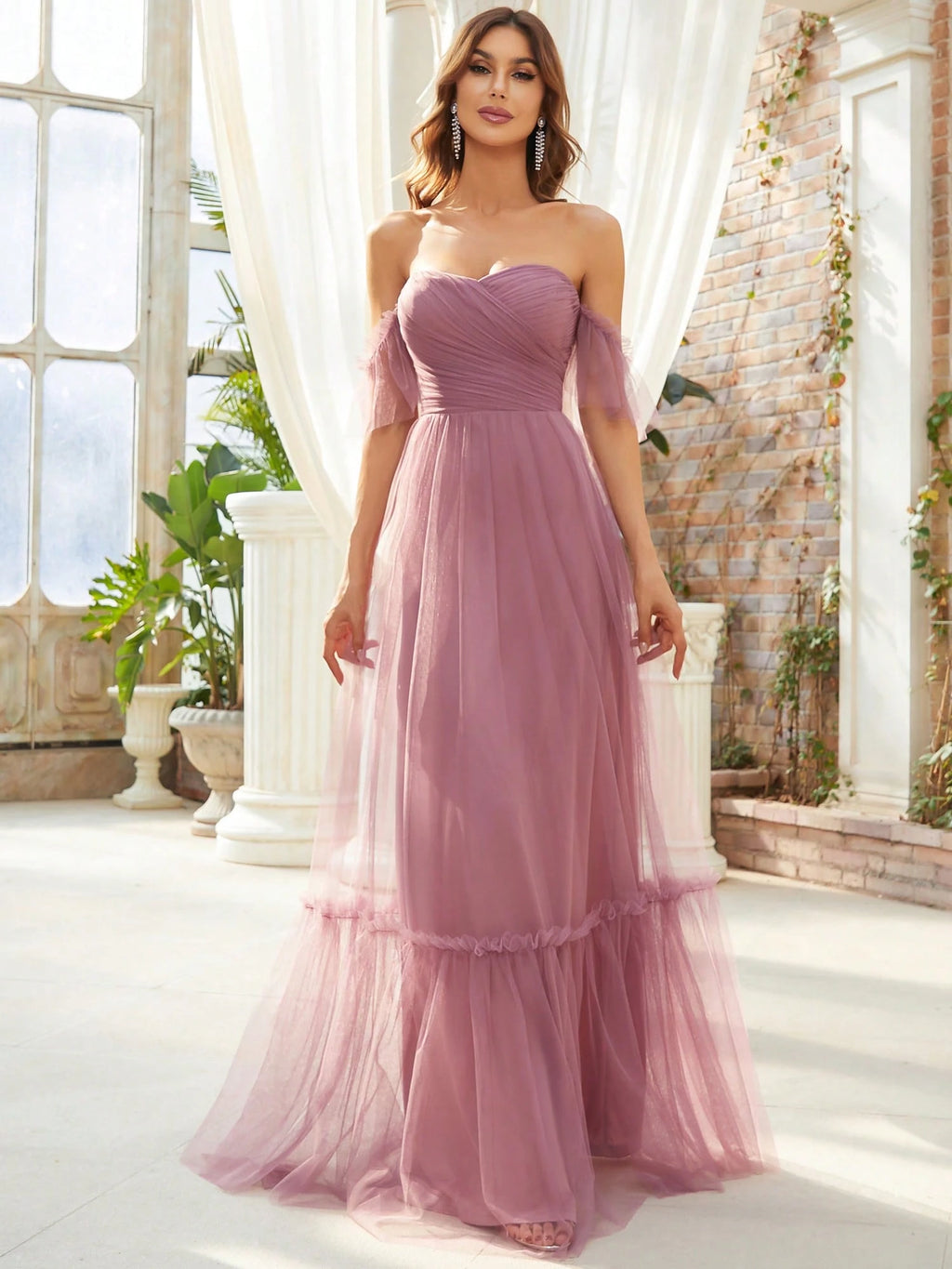 EVERPRETTY Romantic Off-Shoulder Ruffle Hem Mesh Tangerine Bridesmaid Dress, Suitable For Wedding, Party, - image 2